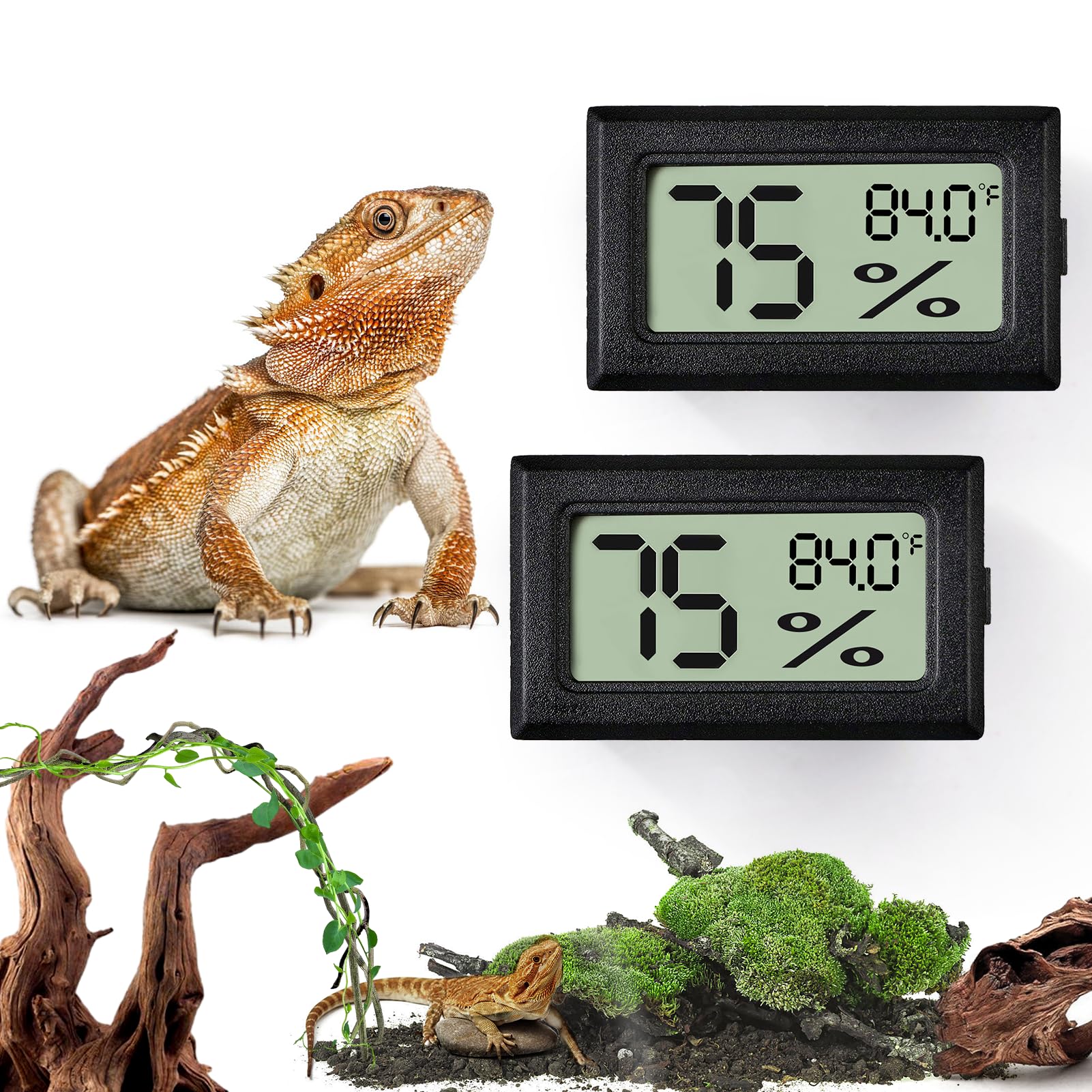 Palksky Bearded Dragon Tank Accessories, 2PCS Reptile Terrarium Thermometer and Humidity Gauge for Jumping Spider, Leopard Gecko