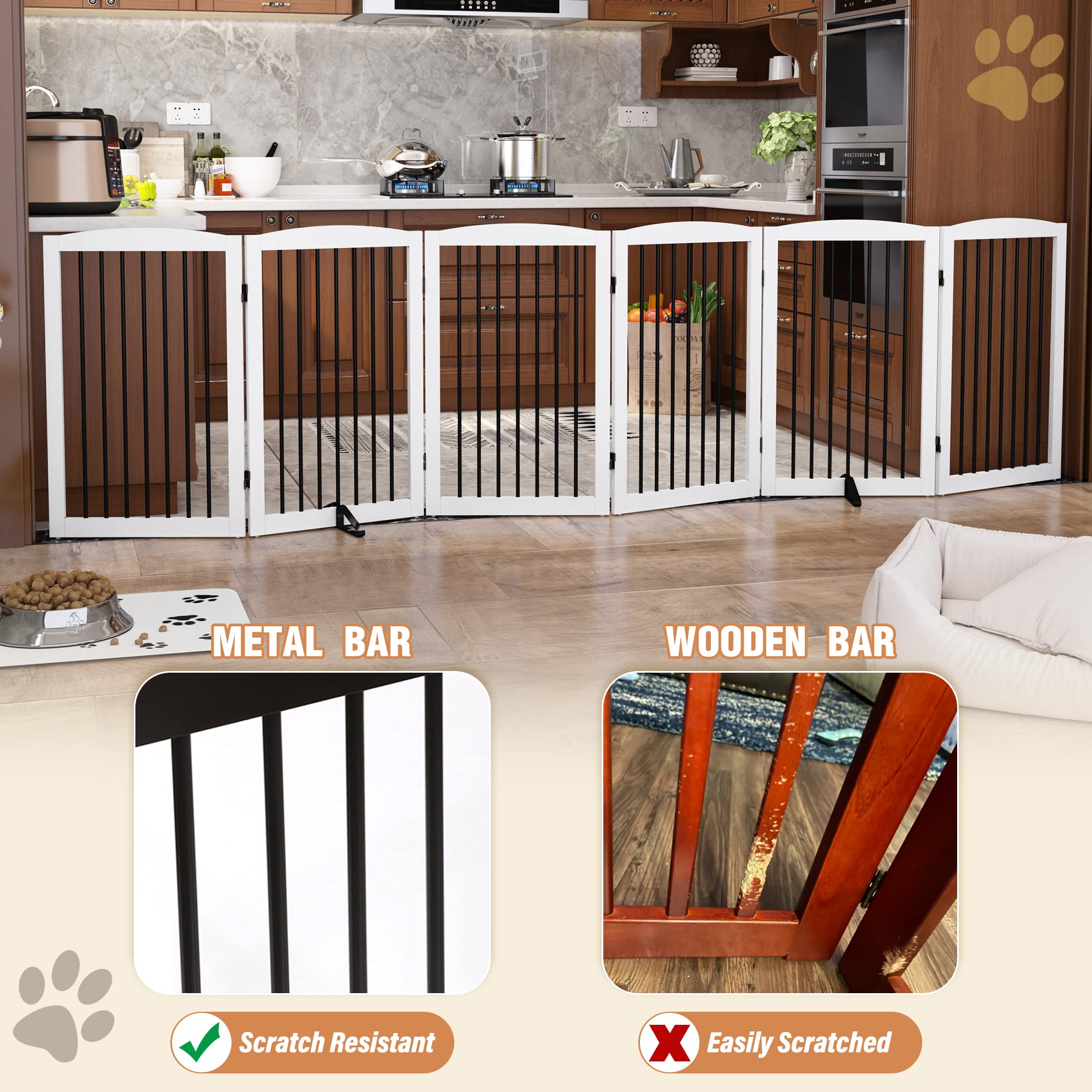 Pupetpo Freestanding Pet Gate For Dogs, Indoor Wooden Dog Gate For House, Extra Wide Dog Gate, Foldable Dog Gate For Stairs, Doorways, Halls, Support Feet Included, 120 Inch Wide, 6 Panels 32', White