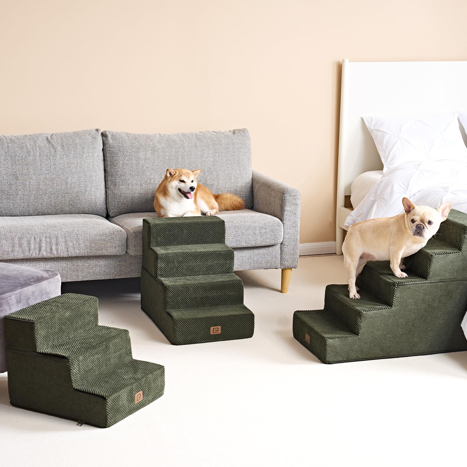 Eheyciga Dog Stairs For Small Dogs 13.5' H, 3-Step Dog Steps For Couch Sofa And Chair, Pet Steps For Small Dogs And Cats, Non-Slip Balanced Dog Indoor Ramp, Olive Green