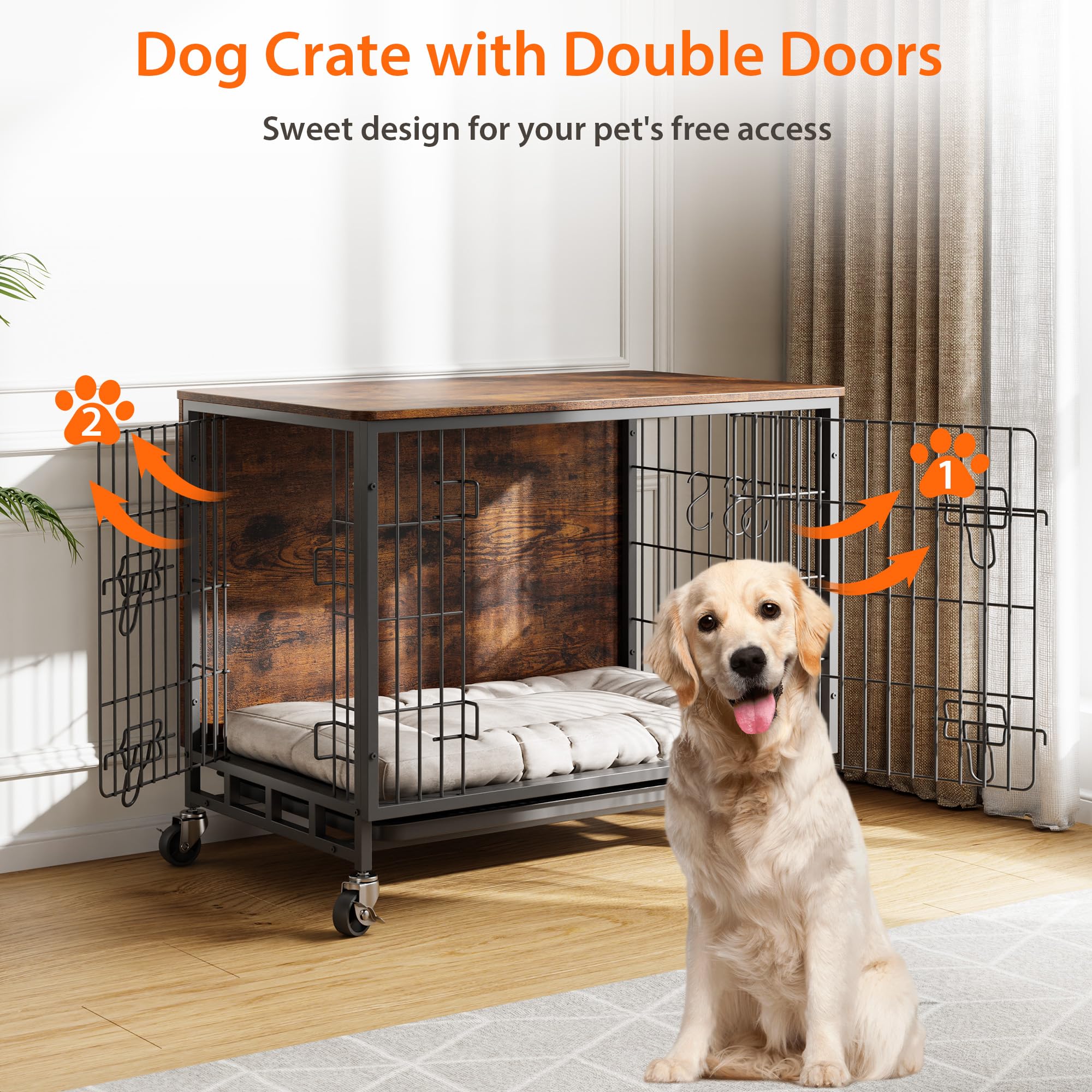 Upgraded Large Dog Cage Furniture,38.6 L x 25.6 W x 26.8 H, Indoor Pet Cage with Double Doors, Detachable Tray and 360 Casters,