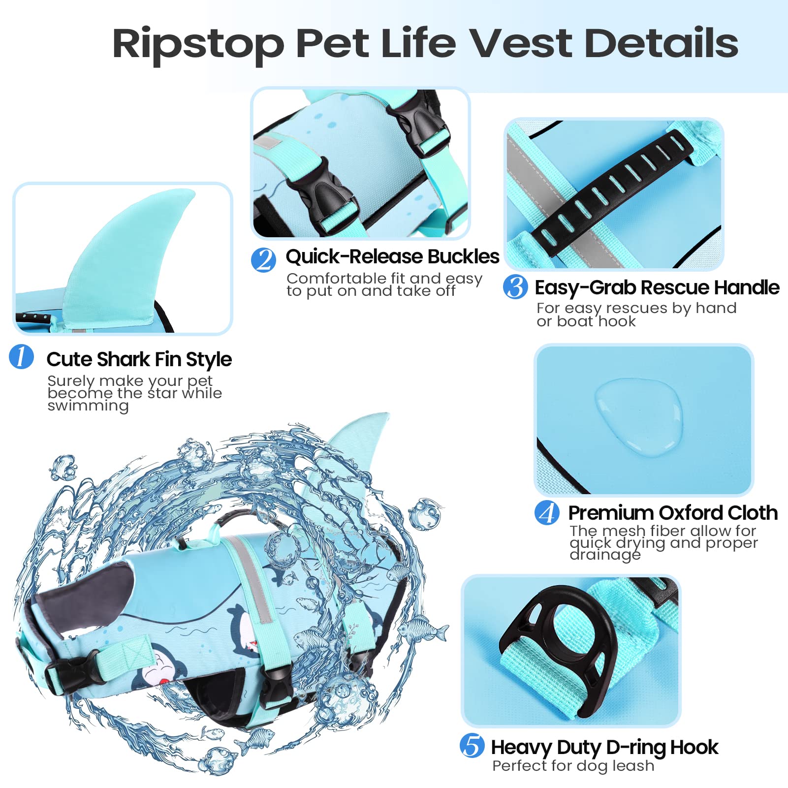 Dog Life Jacket, Large Dog Life Vest For Swimming Boating, Shark Life Jackets For Small Medium Large Dogs, Reflective Dog Lifesaver Life Preserver Swimsuit With Rescue Handle And High Buoyancy