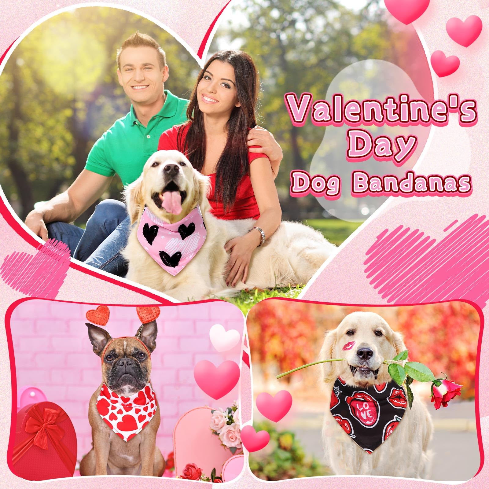 Reginary 72 Packs Valentines Day Dog Bandanas Heart Adjustable Pet Bandanas Triangle Scarf Dog Bibs For Pet Costume Accessories