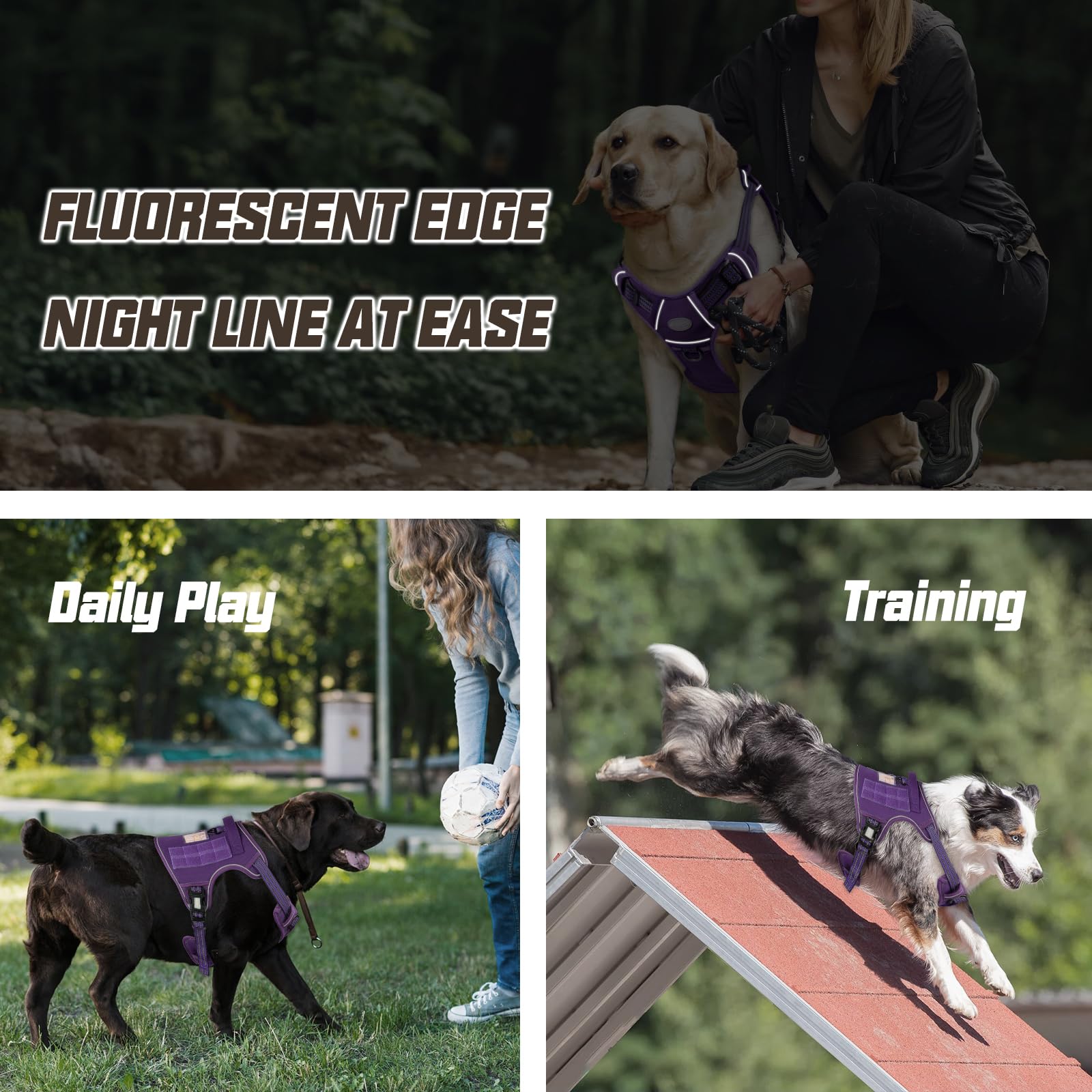 AUROTH Tactical Dog Harness for Large Dogs, No Pull, Adjustable, Reflective, Nylon, Size L, Purple