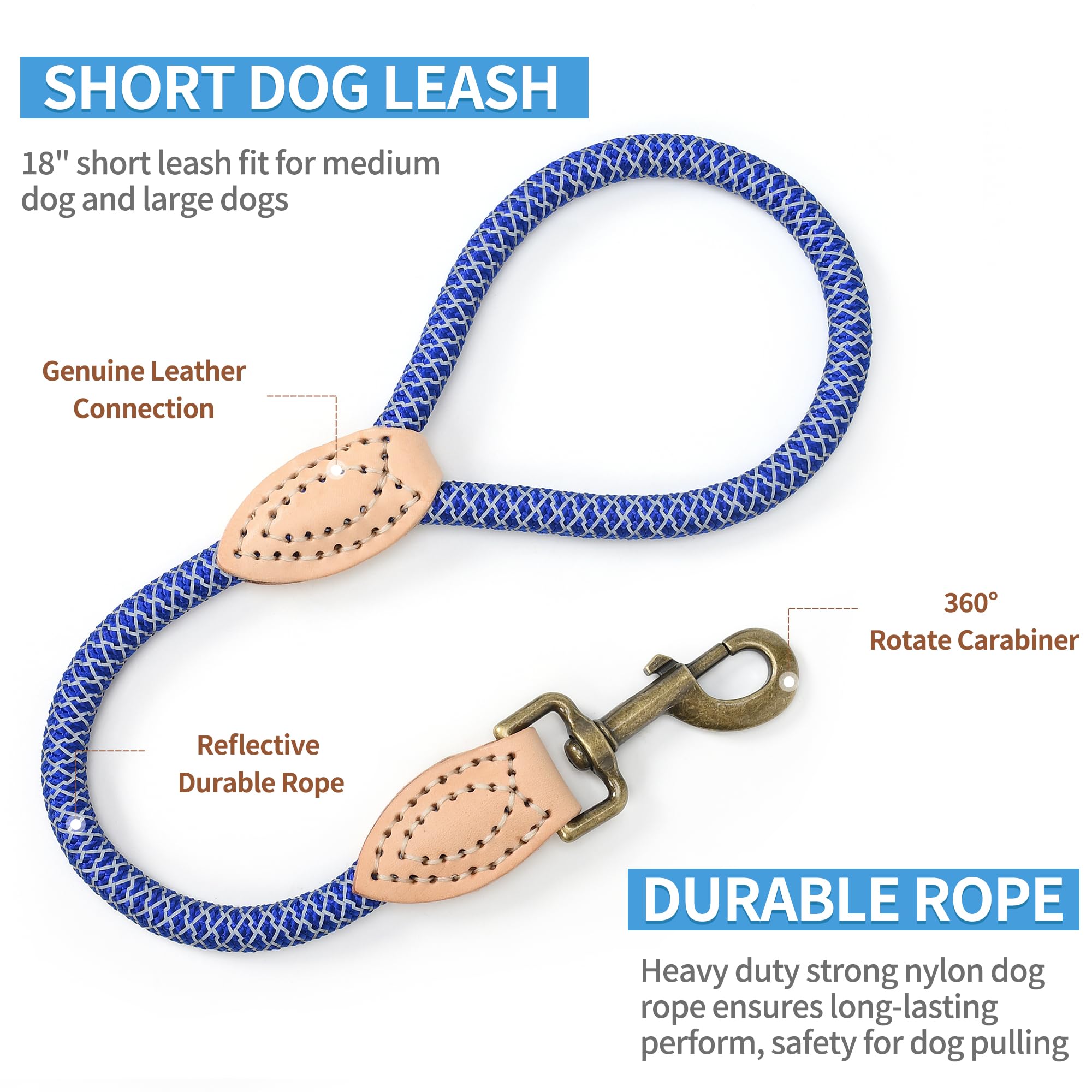 Mile High Life Short Dog Leash, Short Leash For Large Dogs, Reflective Dog Lead With W Leather Tip, Heavy Duty Leash For Large A
