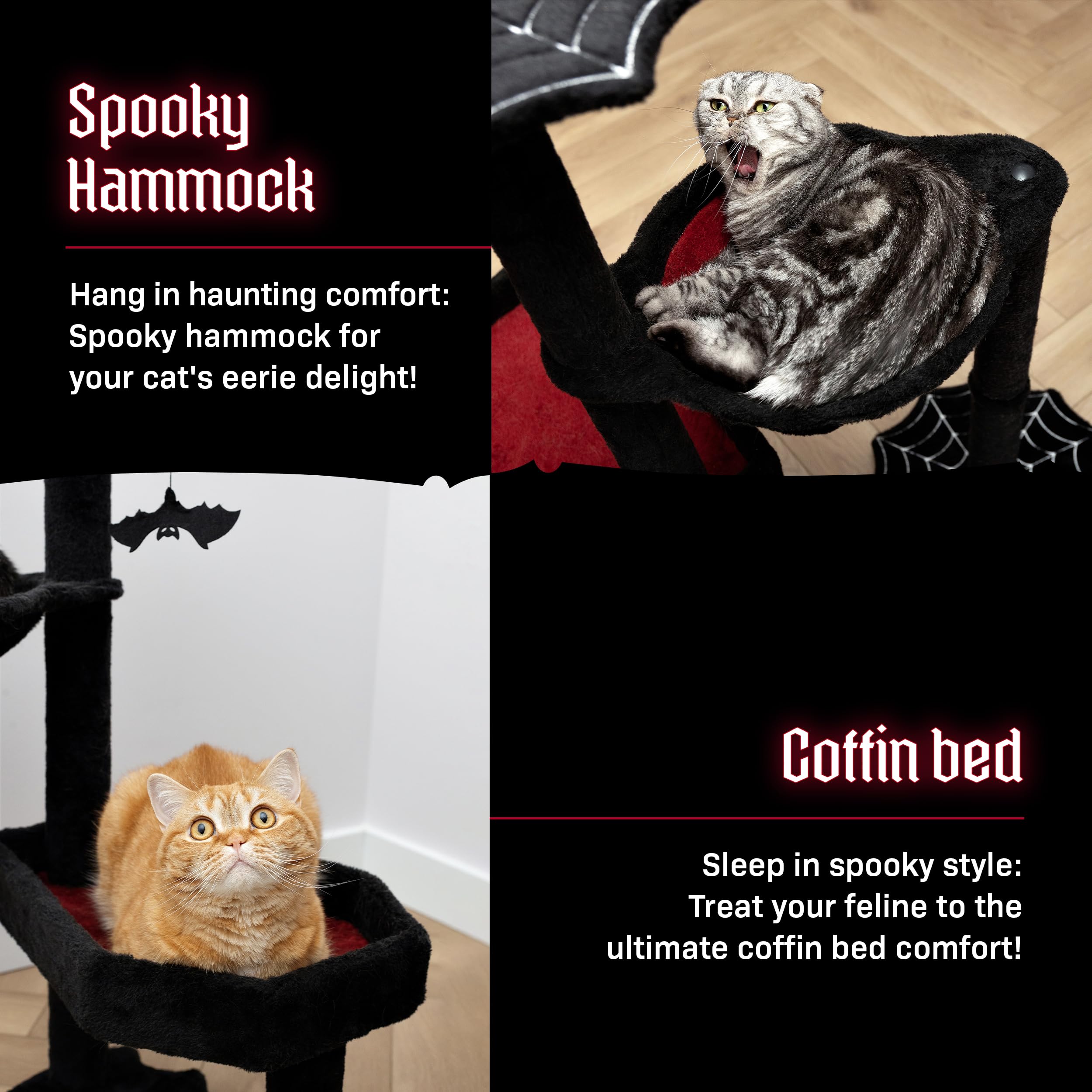Littlesy Gothic Cat Tree With Coffin Cat Bed, Hammock, Spider & Bat Goth Cat Toys - 35 Inch Tall Coffin Cat Tree For Gothic Love