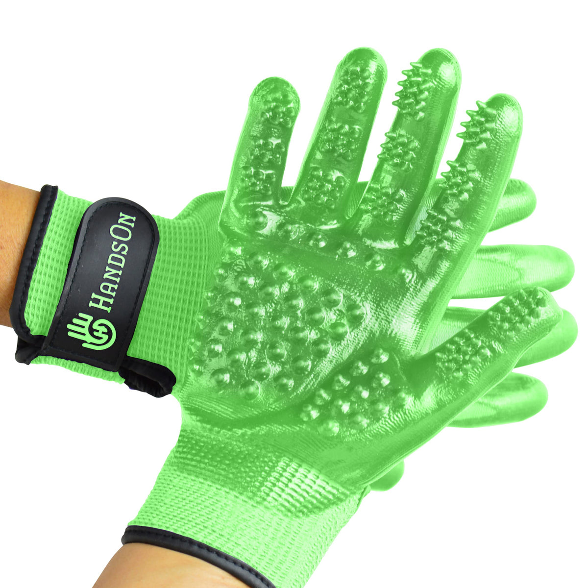 Handson Pet Grooming Gloves - Patented #1 Ranked, Award Winning Shedding, Bathing, & Hair Remover Gloves - Gentle Brush For Cats, Dogs, And Horses (Mono-Green, Junior) 1 Pair