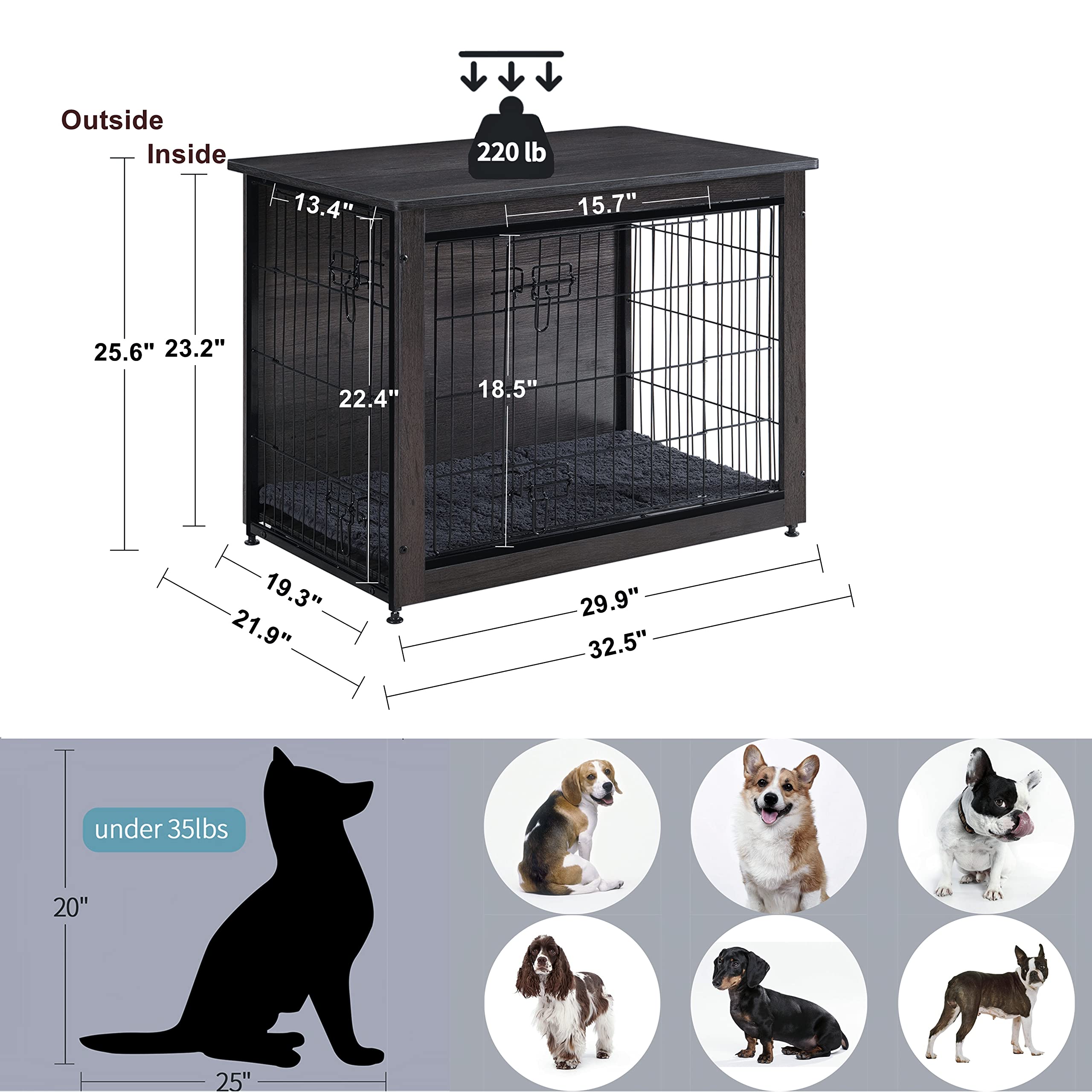 DWANTON Dog Crate Furniture with Cushion, Wooden Kennel Table with Double Doors, Indoor Dog House, Medium Size, 32.5 L, Dark Gra