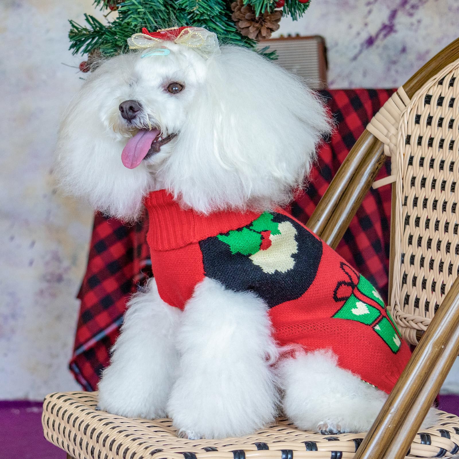 Cutebone Christmas Dog Sweater For Small Medium Dogs X-Mas Knit Puppy Sweater Turtleneck Pet Winter Clothes Cat Apparel With Har