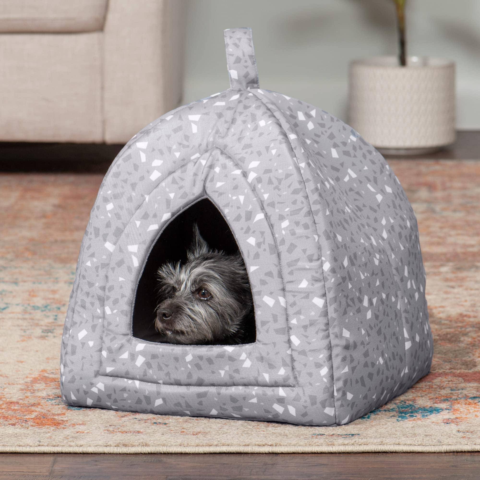 Furhaven Small Cat Bed Polycanvas Print D?or Foldable Pet Tent, Washable - Gray Terazzo, Small