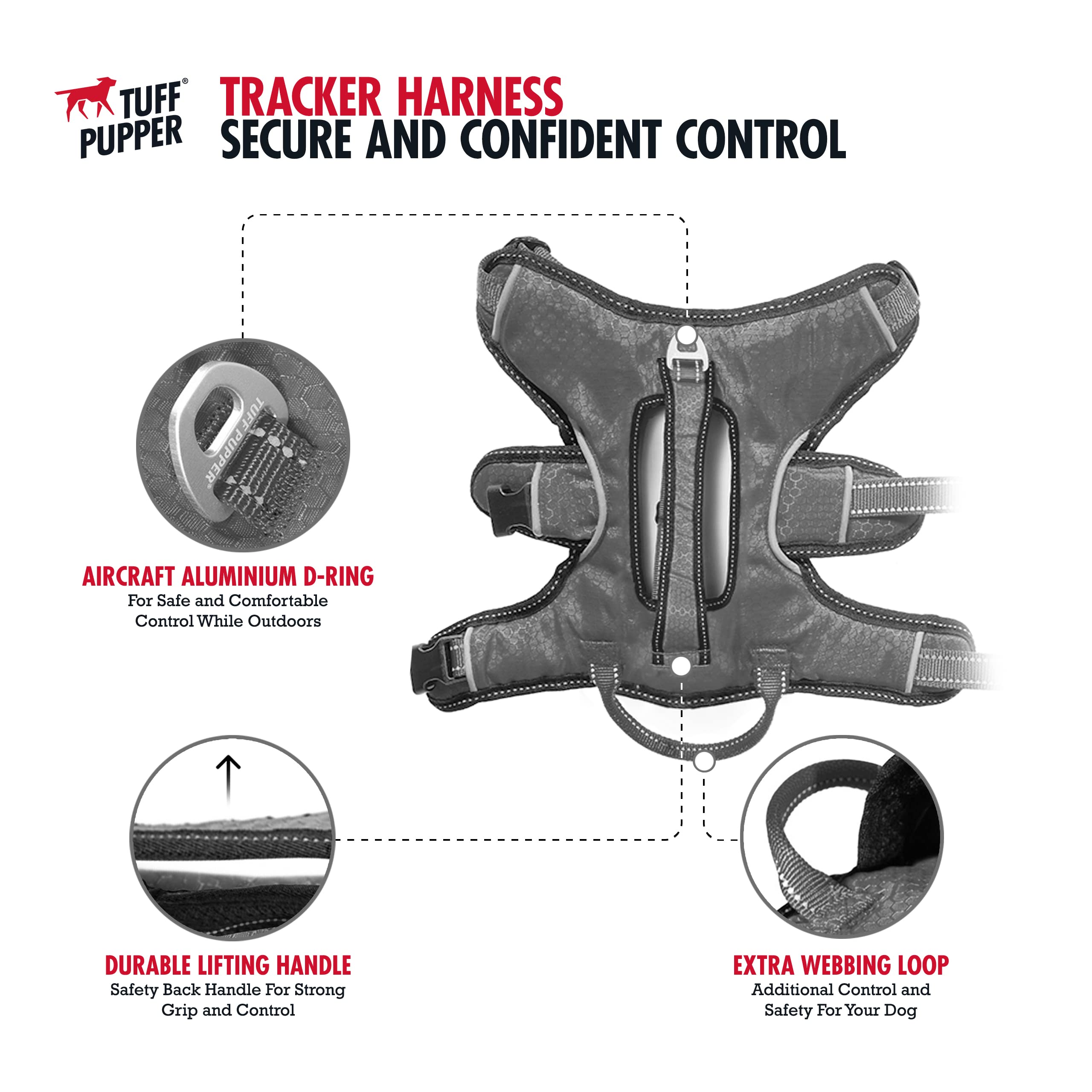 Tuff Pupper Updated For 2024 - Tracker No Escape Dog Harness | Dual Escape Proof Leash Attachments | 5 Point Adjustable Fit Harn