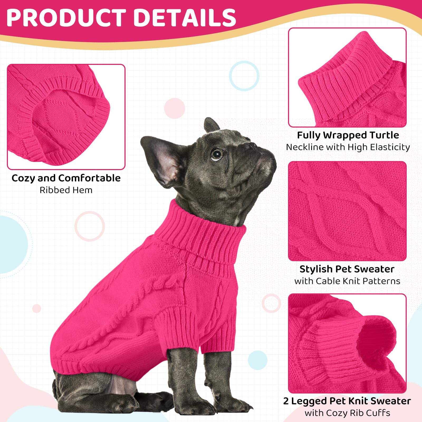 Queenmore Large Warm Sweater For Extra Large Dogs, Chunky Knitted Turtleneck Winter Outfit For Big Doggie Boy Girl (Fuchsia, 2Xl