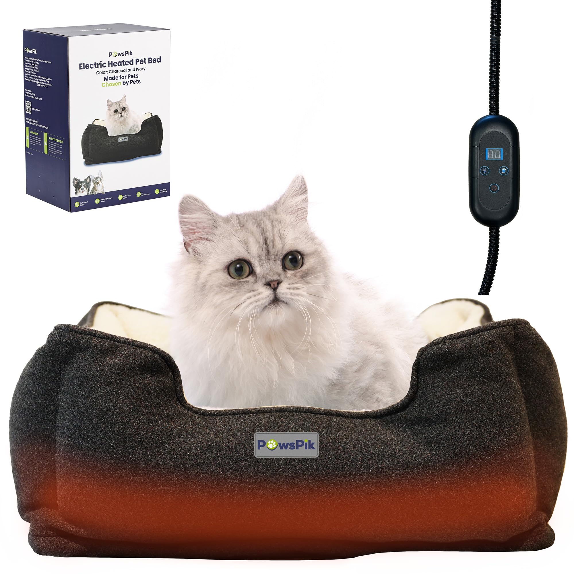 Pawspik Heated Cat Bed, Heated Dog Bed For Pets Indoor, Electric Pet Bed Warmer For Cats And Dogs (Charcoal And Ivory)
