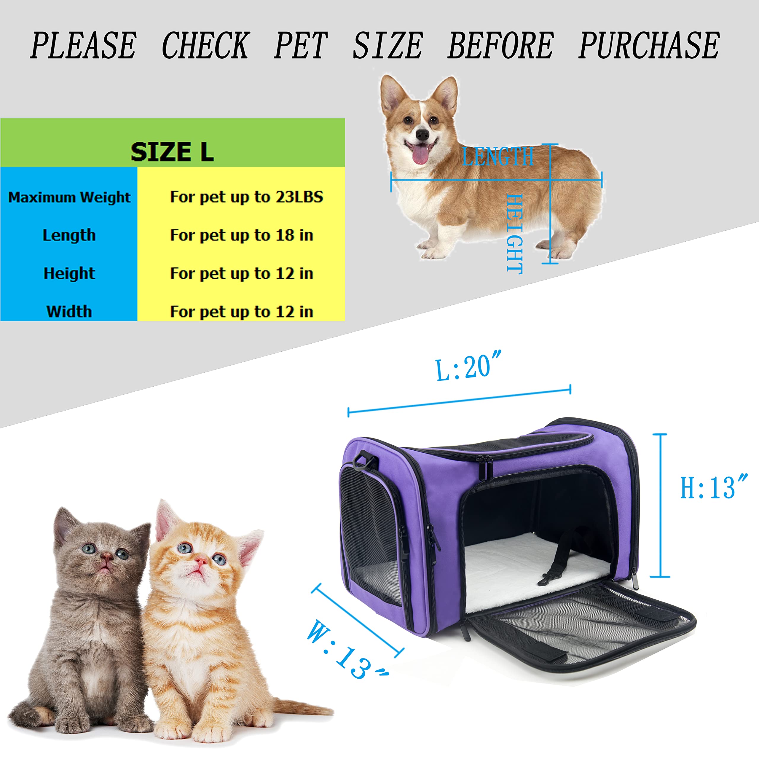 Nextfri Soft Sided Carrier For Small Medium Cats Dogs,Removable Pad Collapsible Travel Pet Carrier Large Purple