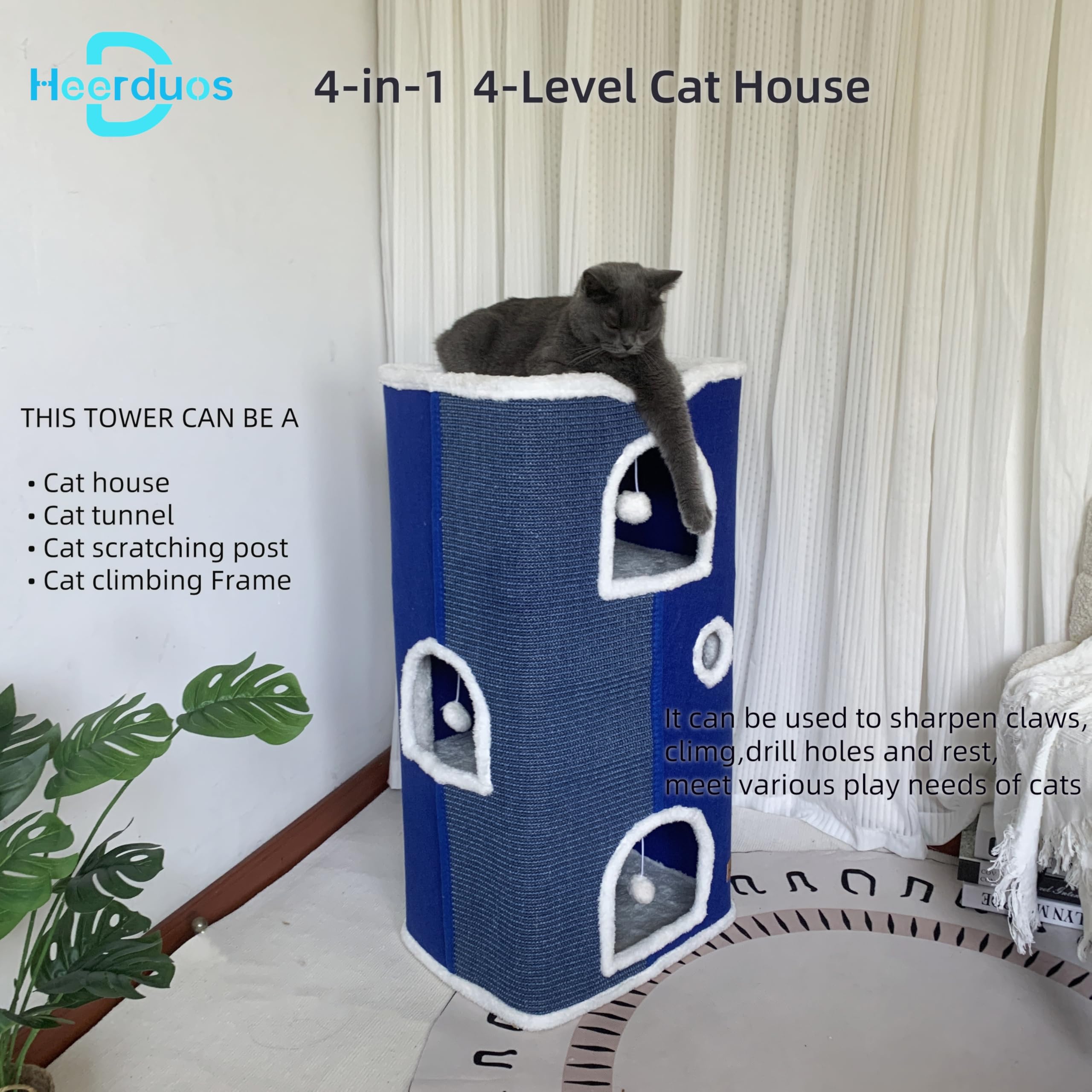 4-Level Cat House For Indoor Cats,Covered Cat Beds And Furniture With Scratch Pad,Hideaway Cave &Cushions,Modern Cat Tower Condo