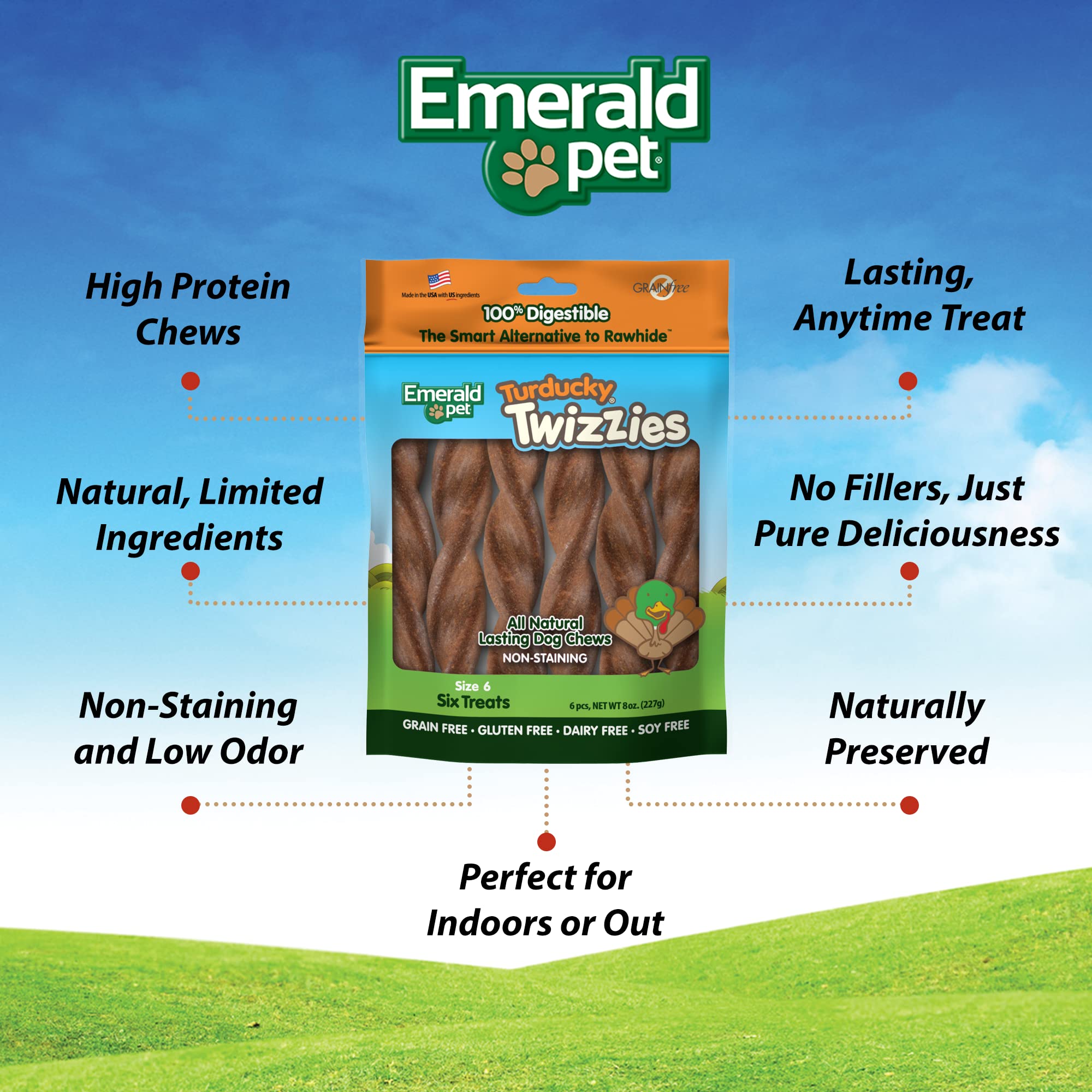 Emerald Pet Twizzies Rawhide Free 100% Digestible Natural Dog Lasting Chew Treats, Made in USA Size 6, Turducky Turkey Duck Mult