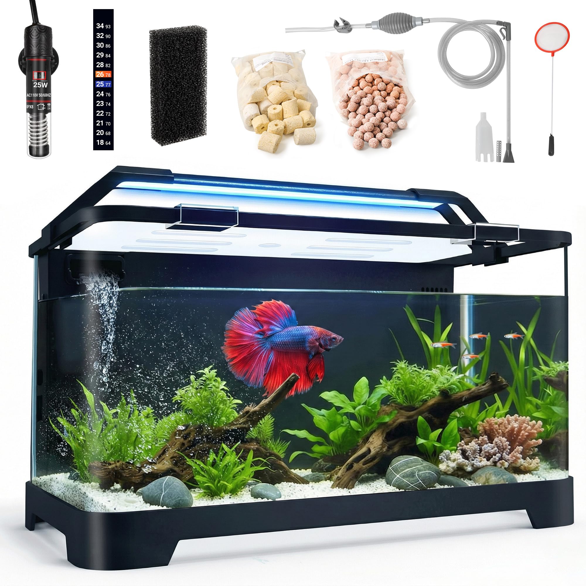 3.5 Gallon Self Cleaning Fish Tank, Aquarium Starter Kit for Betta, Small Fish & Shrimp, Betta Fish Tank with Heater, Thermomete