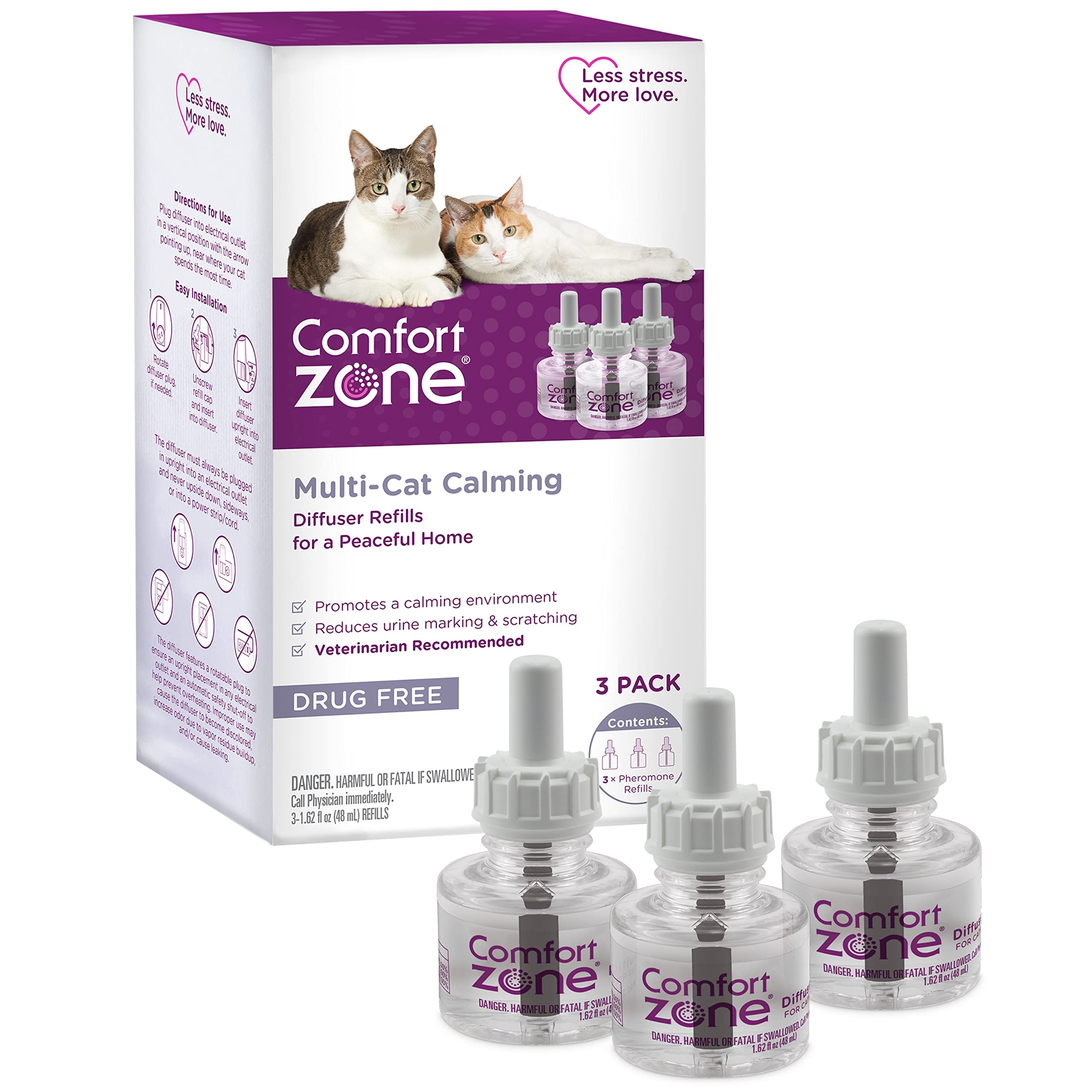Comfort Zone 3 Pack MultiCat Diffuser Refills; Cat Calming Pheromones Help Anxiety; 30-day refills