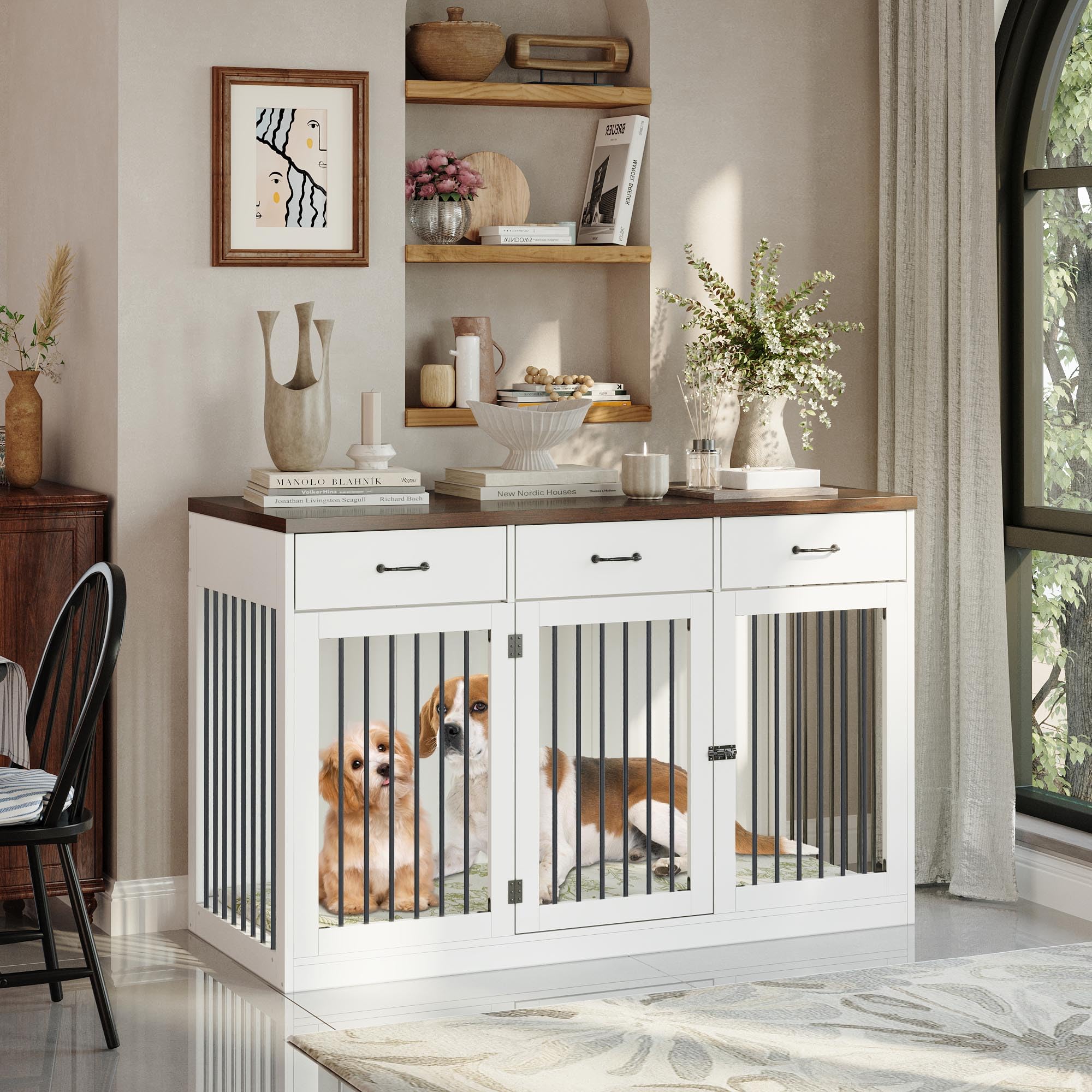 PIAOMTIEE 55.3  Extra Large Dog Crate Furniture, Indoor Heavy Duty Dog Kennel House with 3 Drawers, Modern Furniture Dog Crate S