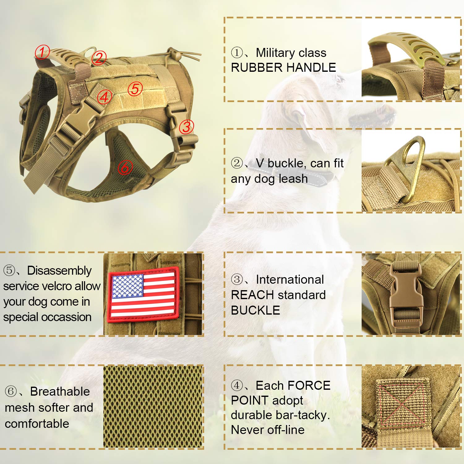 Hanshengday Tactical Service Dog Vest Harness For Medium Large Dog, Military K9 Training Dog Vest With Molle & Loop Panels Adjustable Tactical Dog Vest Harnesses With Handle (S, Khaki)