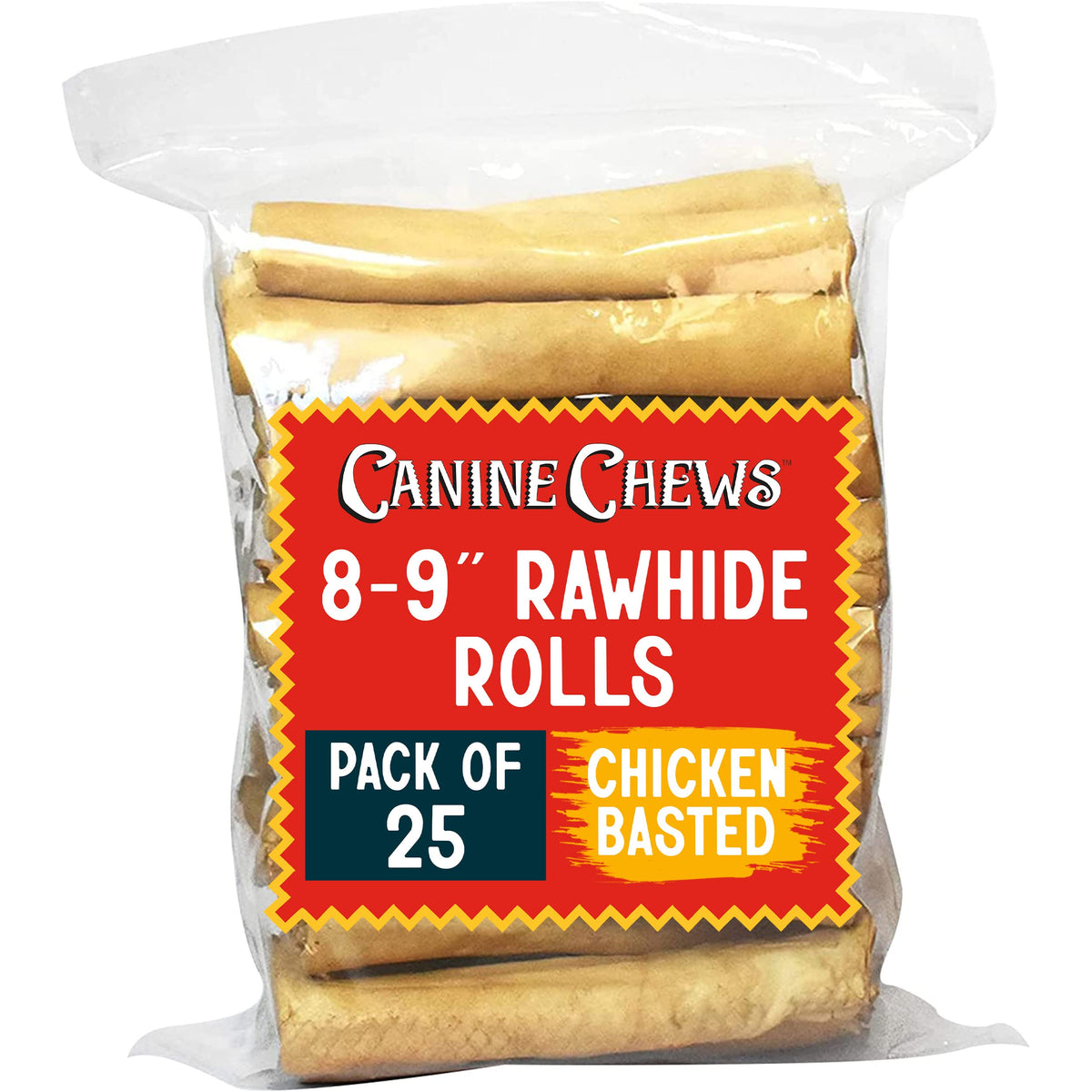 Canine Chews 8-9' Chicken Basted Rawhide Retriever Rolls - Pack Of 25 Chicken-Flavored Long-Lasting Dog Rawhide Chews - Protein-Dense Jumbo Rawhide Bones For Large Dogs - Treats For Aggressive Chewers