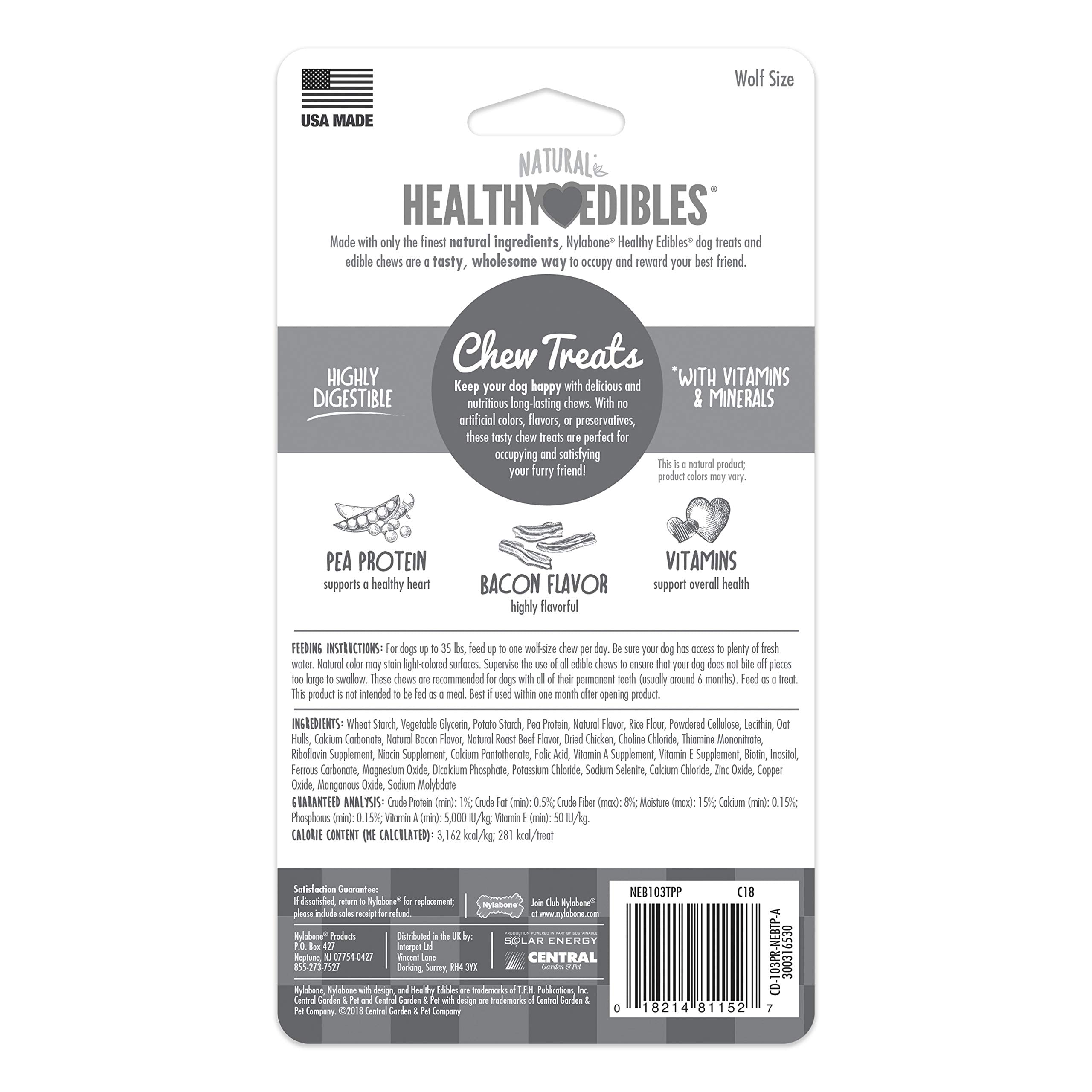 Nylabone Healthy Edibles Natural Dog Chews Long Lasting Bacon Flavor Treats for Dogs, Medium/Wolf (1 Count)