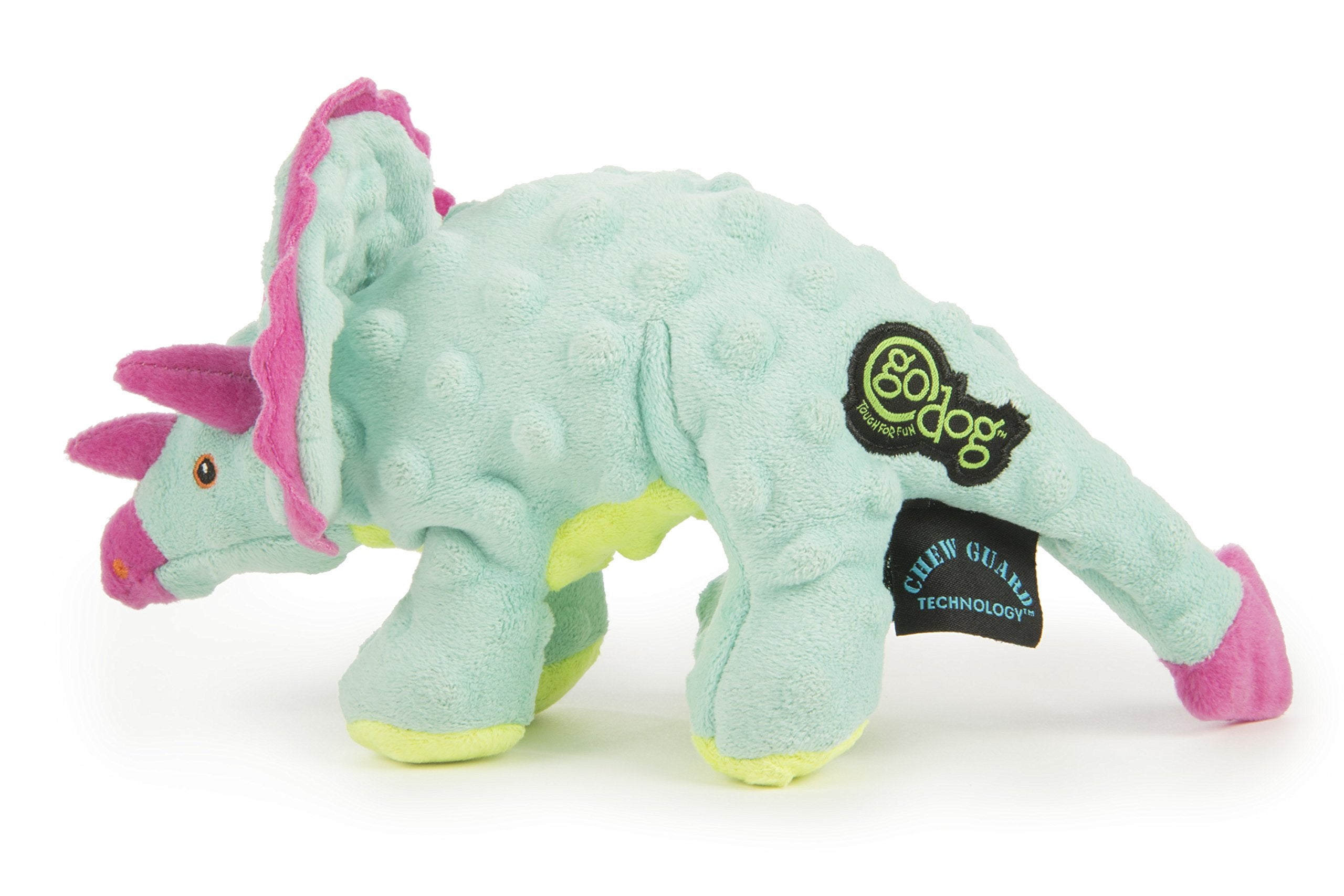 Godog Dinos Frills Plush Squeaker Chew Guard Dog Toy, Small, Teal