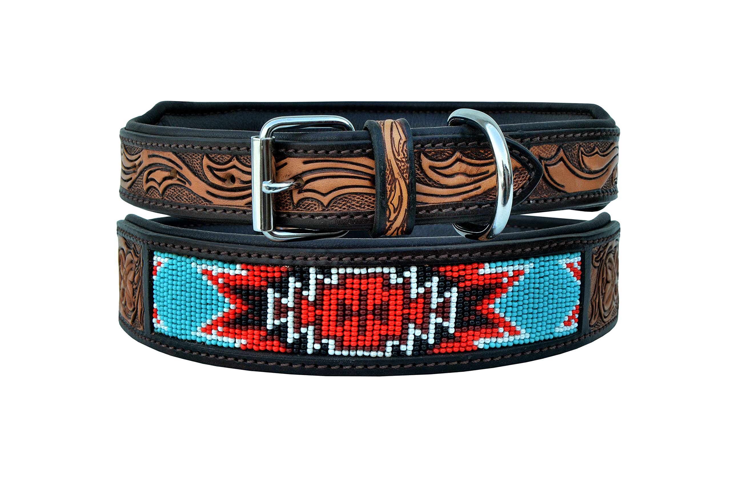 Affilare Genuine Leather Western Heavy Duty Dog Collar Western Style Hand Tooled Adjustable Beaded And Padded Cushioned For Pupp