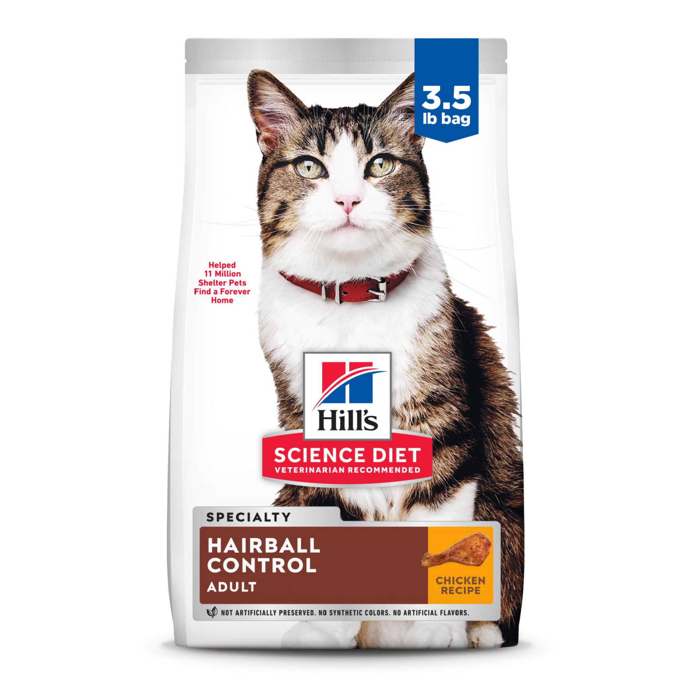 Hills Science Diet Hairball Control, Adult 1-6, Hairball Control Support, Dry Cat Food, Chicken Recipe, 3.5 lb Bag