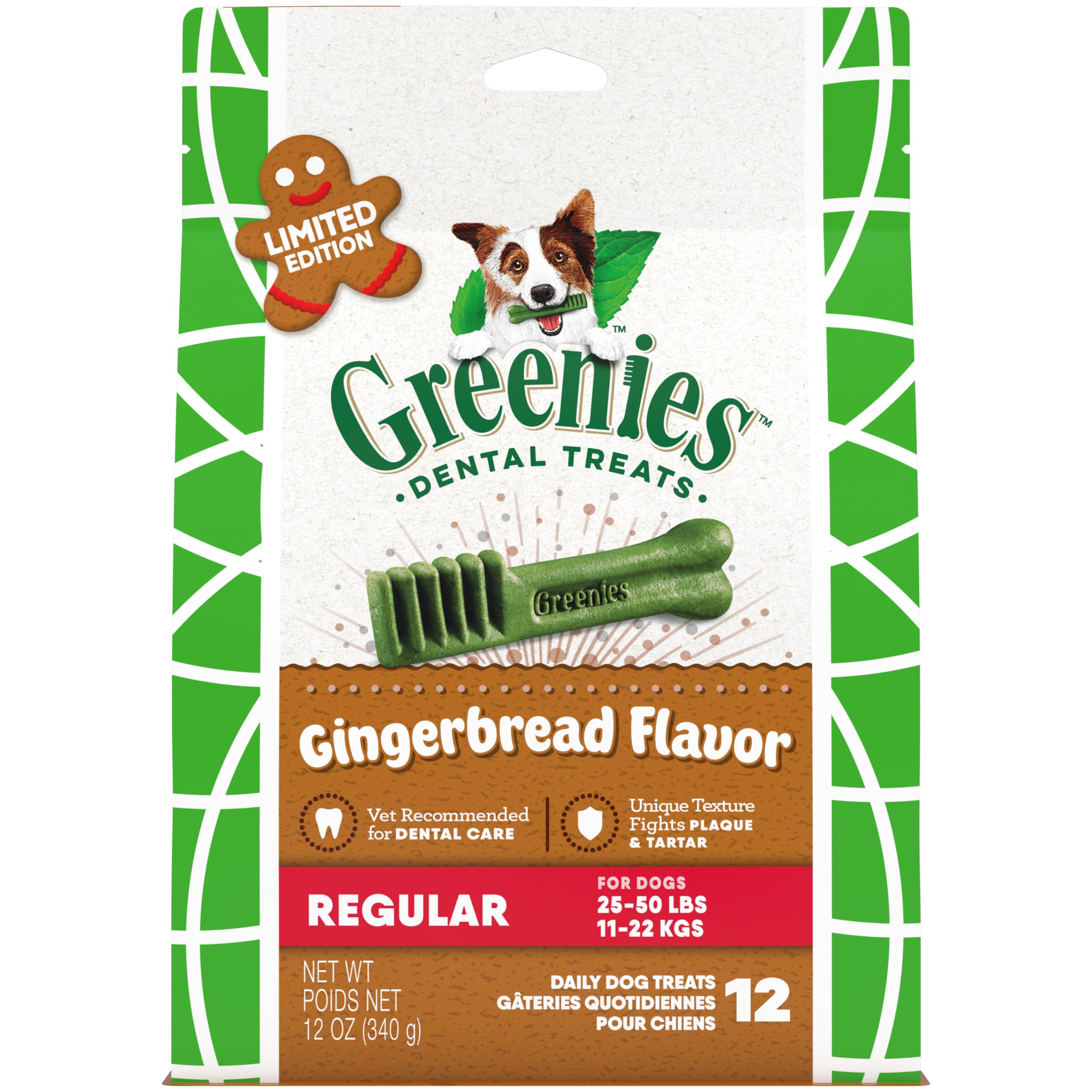 Greenies Regular Dental Dog Treats, Gingerbread Flavor, Limited Edition, 12 oz. Pack (12 Treats)