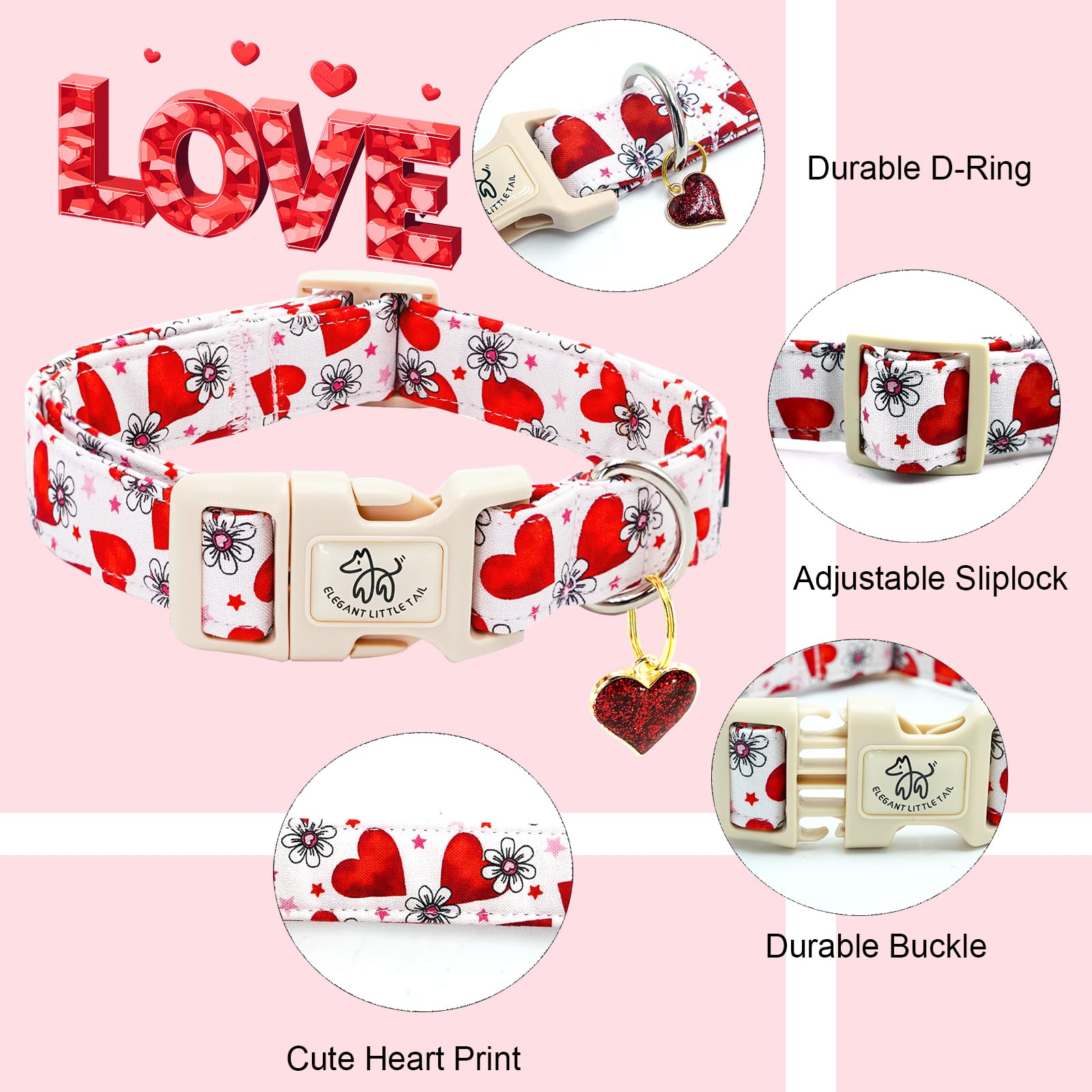 Elegant Little Tail Valentine'S Dog Collar, Flower Pink Heart Dog Collar For Small Dogs, Female Or Male Adjustable Cotton Pet Co