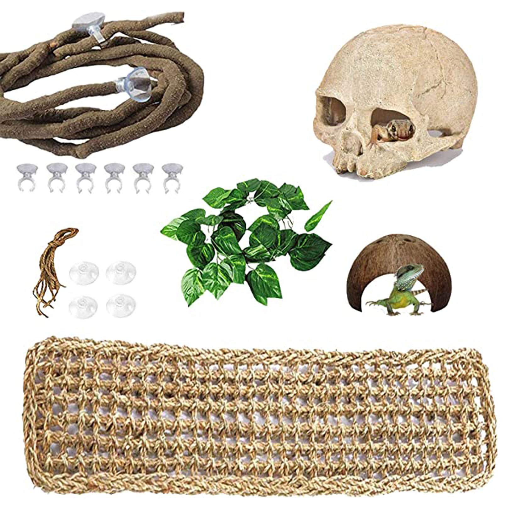 PINVNBY Bearded Dragon Tank Accessories,Reptiles Resin Human Skull Habitat Decor,Lizard Hammock Coconut Shell Hut Hideouts Cave 