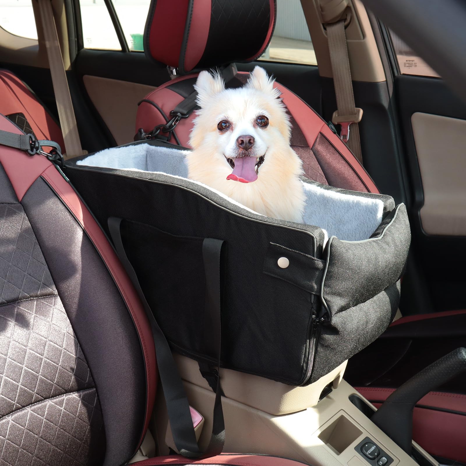 Center Console Dog Car Seat for Small Dogs Up to 12lbs, Detachable Armrest Pet Seat with Adjustable Straps & Storage Pocket (Bla
