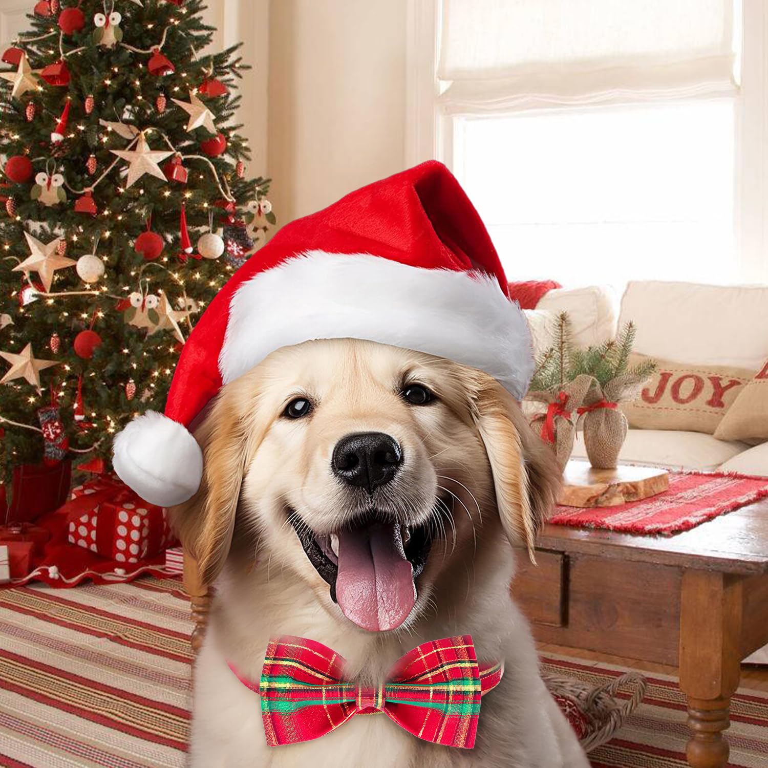 Tunkoo Dog Collar Christmas Shiny Plaid With Bow Tie, Rose Gold Metal Buckle Durable Adjustable Dog Collars - For Small Medium L
