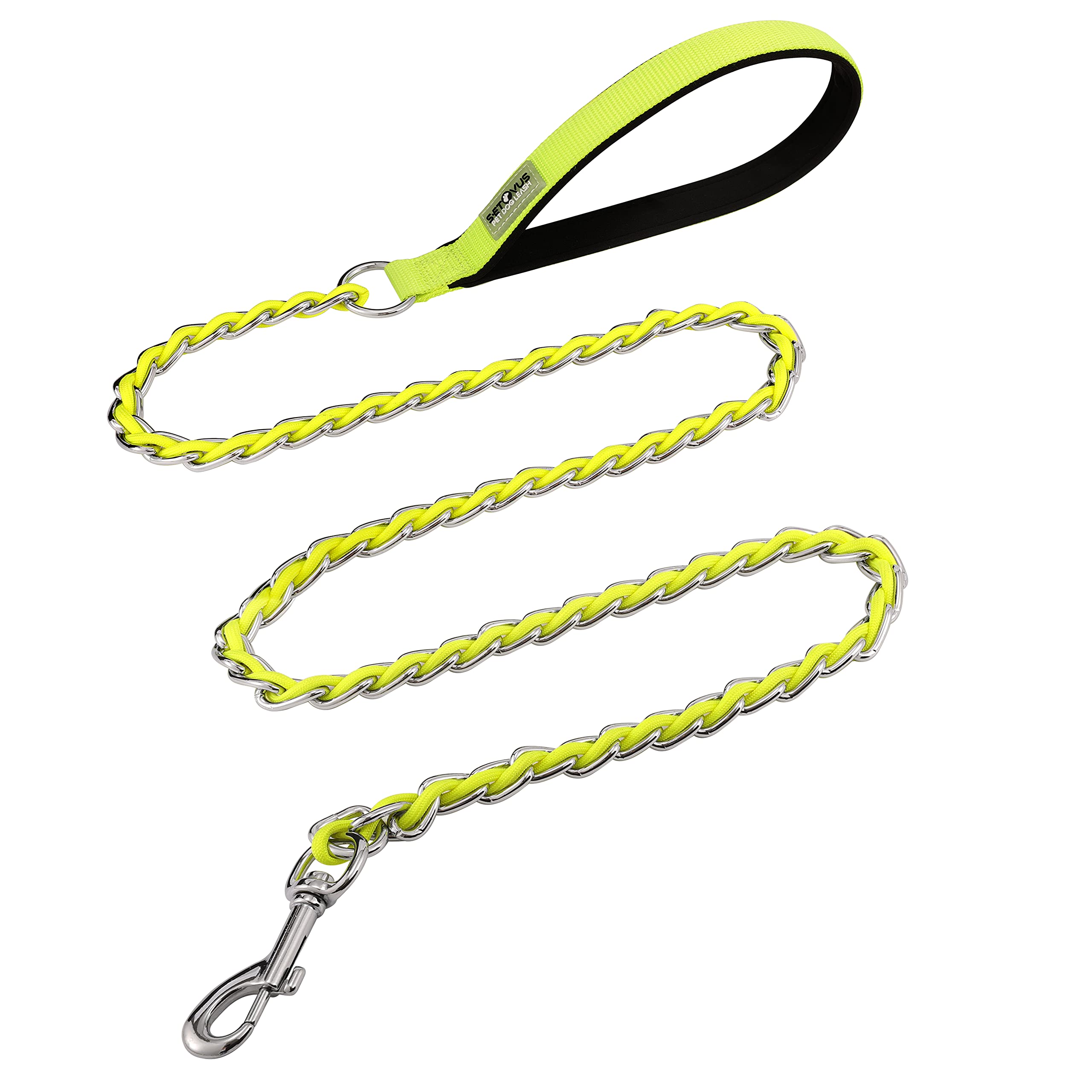 Chain Dog Leash Chew Proof Metal Leash For Medium Large Dogs, Chain Link Dog Leash Anti Chew 4Ft Strong Anti Bite Dog Leash Comfortable Soft Padded Handle Yellow 3.0