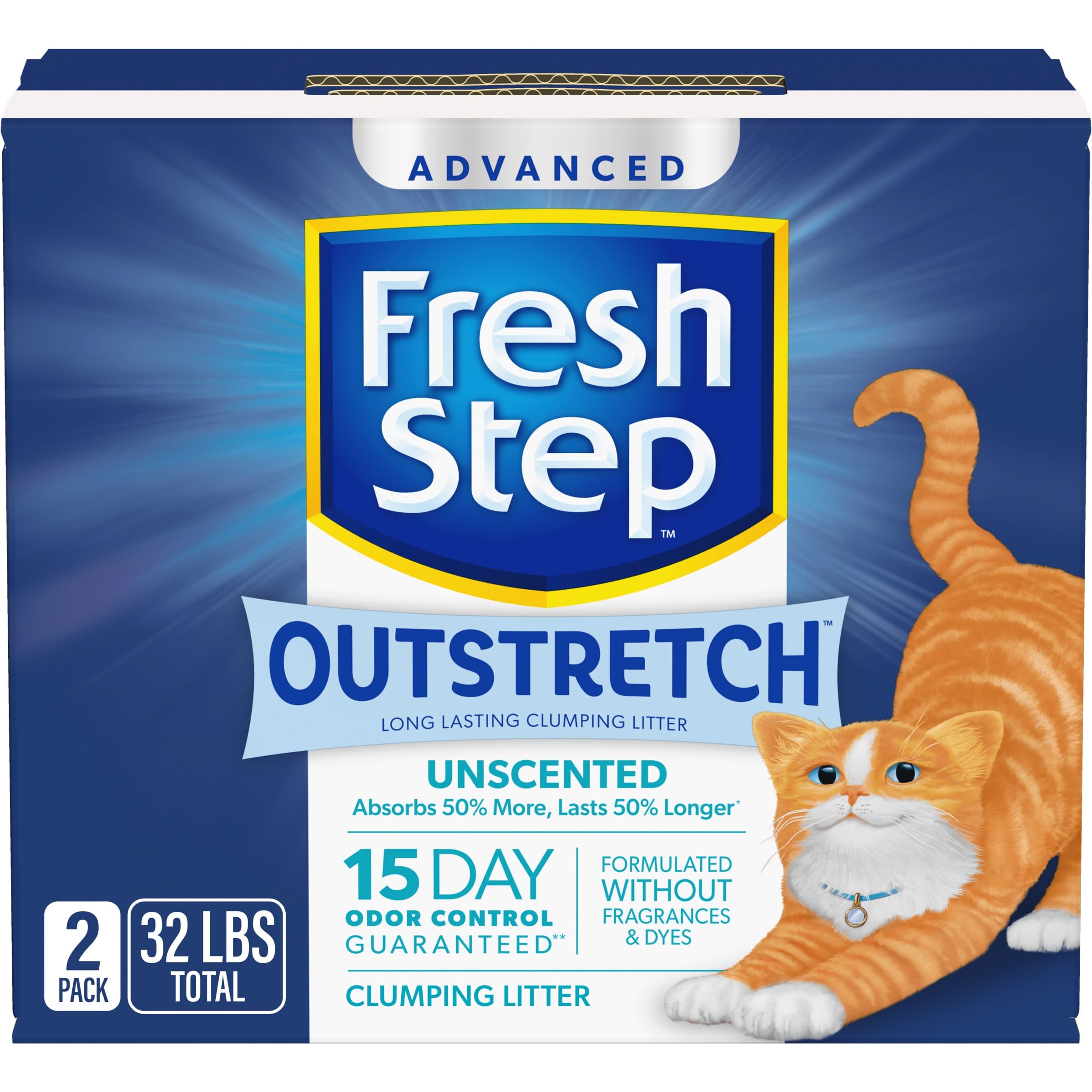 Fresh Step Outstretch Advanced Long Lasting Clumping Litter Simply Unscented, Activated Charcoal Litter Lasts 50% Longer, 32 Lbs