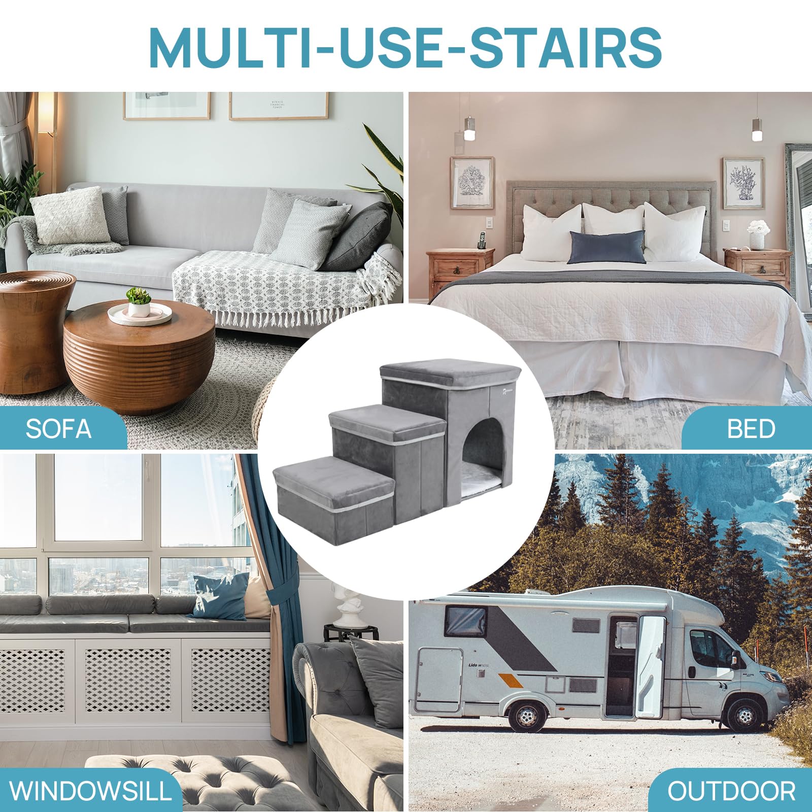 Rypetmia Foldable Pet Stairs For Beds & Sofas - Non-Slip Dog Steps With Storage For Small To Medium Dogs & Cats, Supports Up To