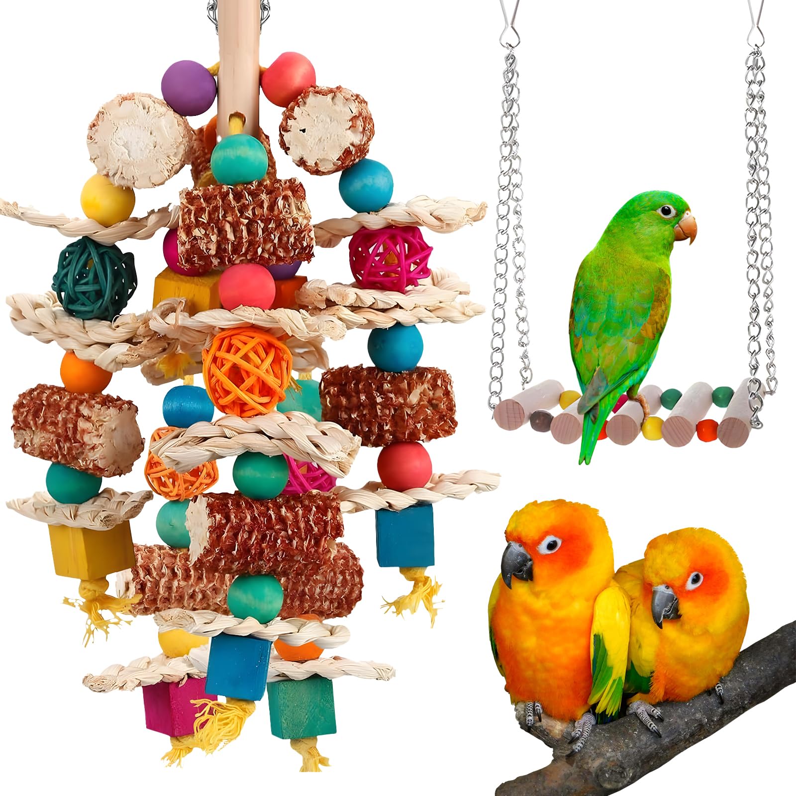 Cnymany 2 Pcs Parrot Toys, Natural Corn Cob Bird Chewing Toys And Bird Swing Toy, Bird Cage Accessories For Cockatiels, African 