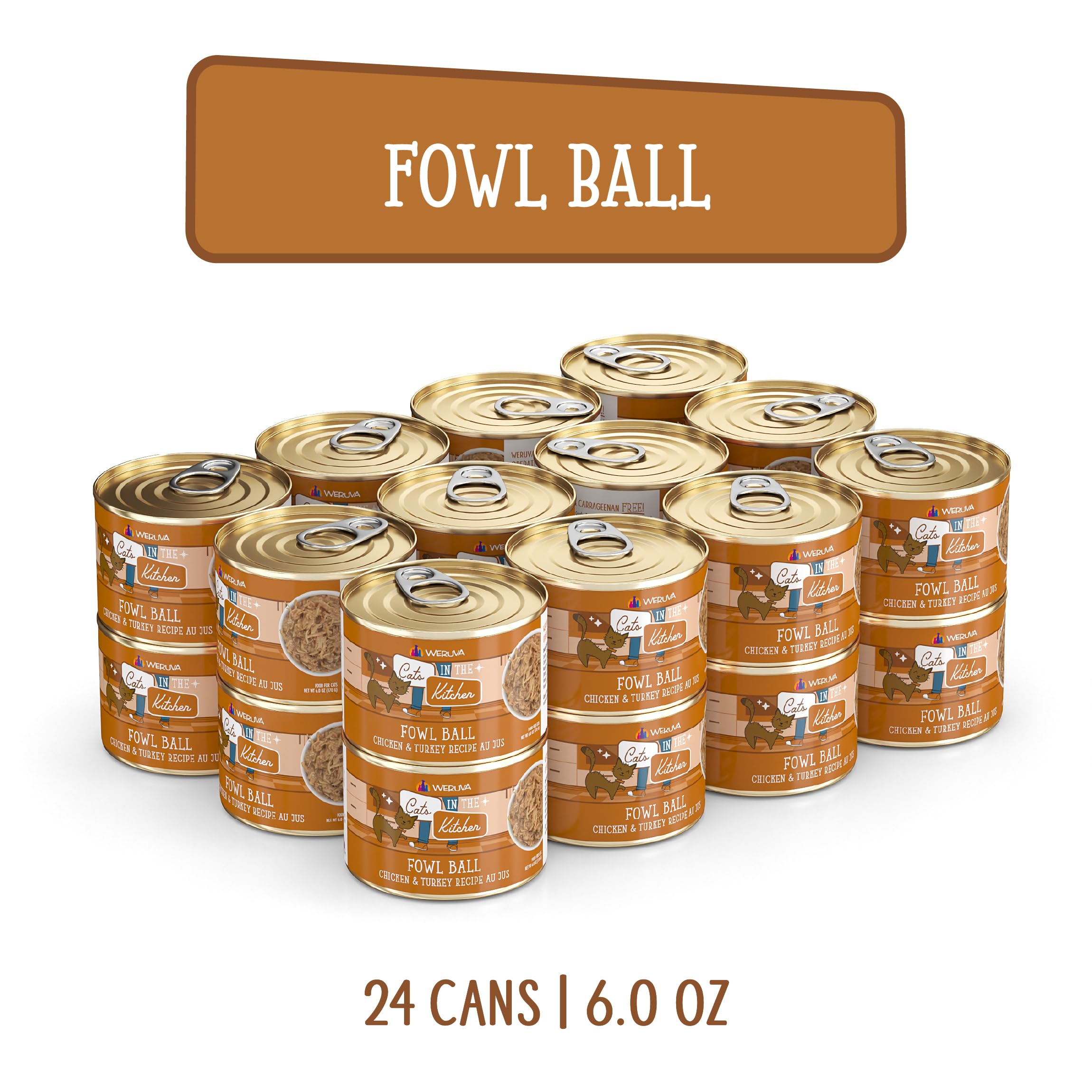 Weruva Cats in The Kitchen, Fowl Ball with Chicken & Turkey Au Jus Cat Food, 6oz Can (Pack of 24)