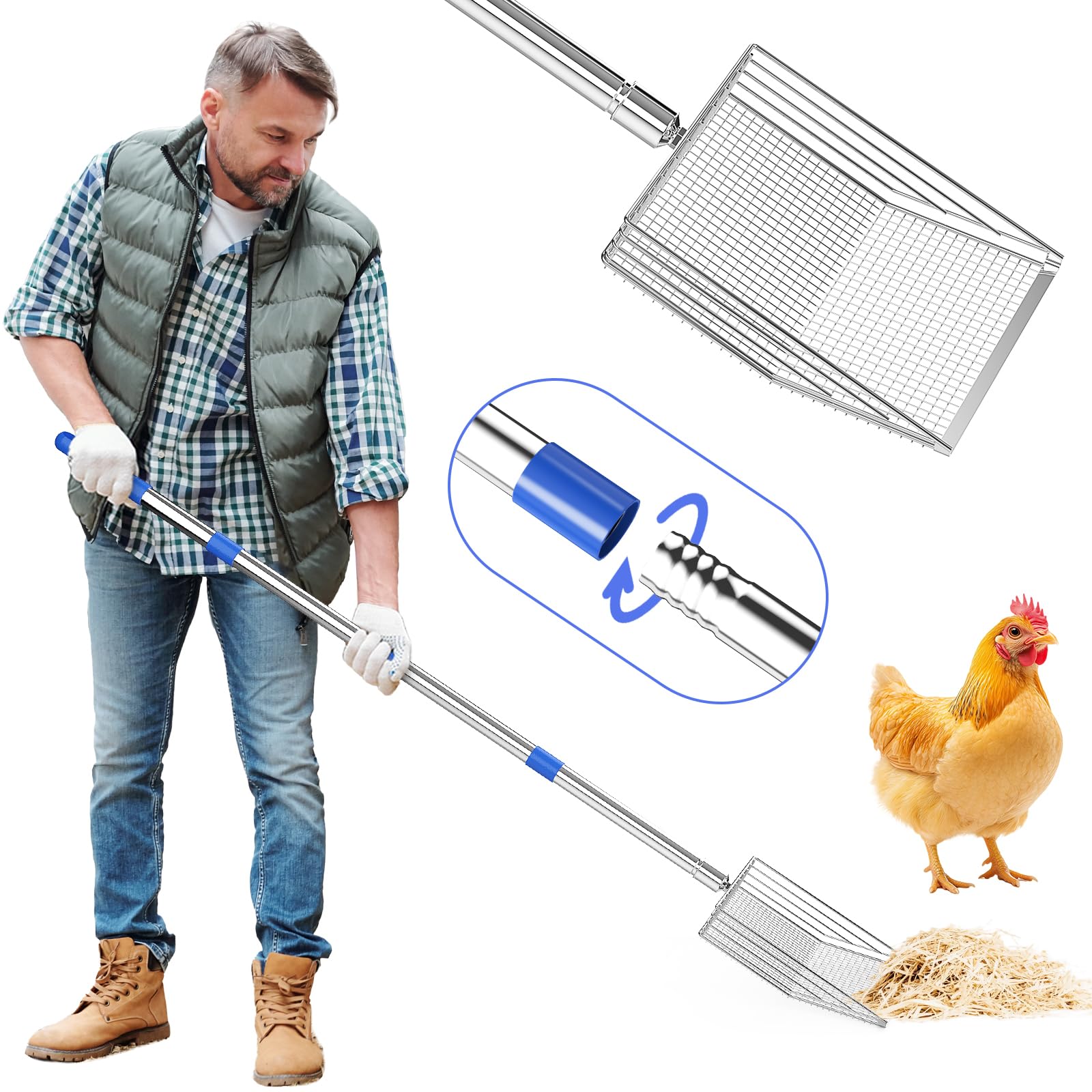Viscogrip Chicken Poop Scooper, 304 Stainless Steel Shovel Head, 4-in-1 Chicken Litter Scoop with Handle for Chicken Coop & Pet 