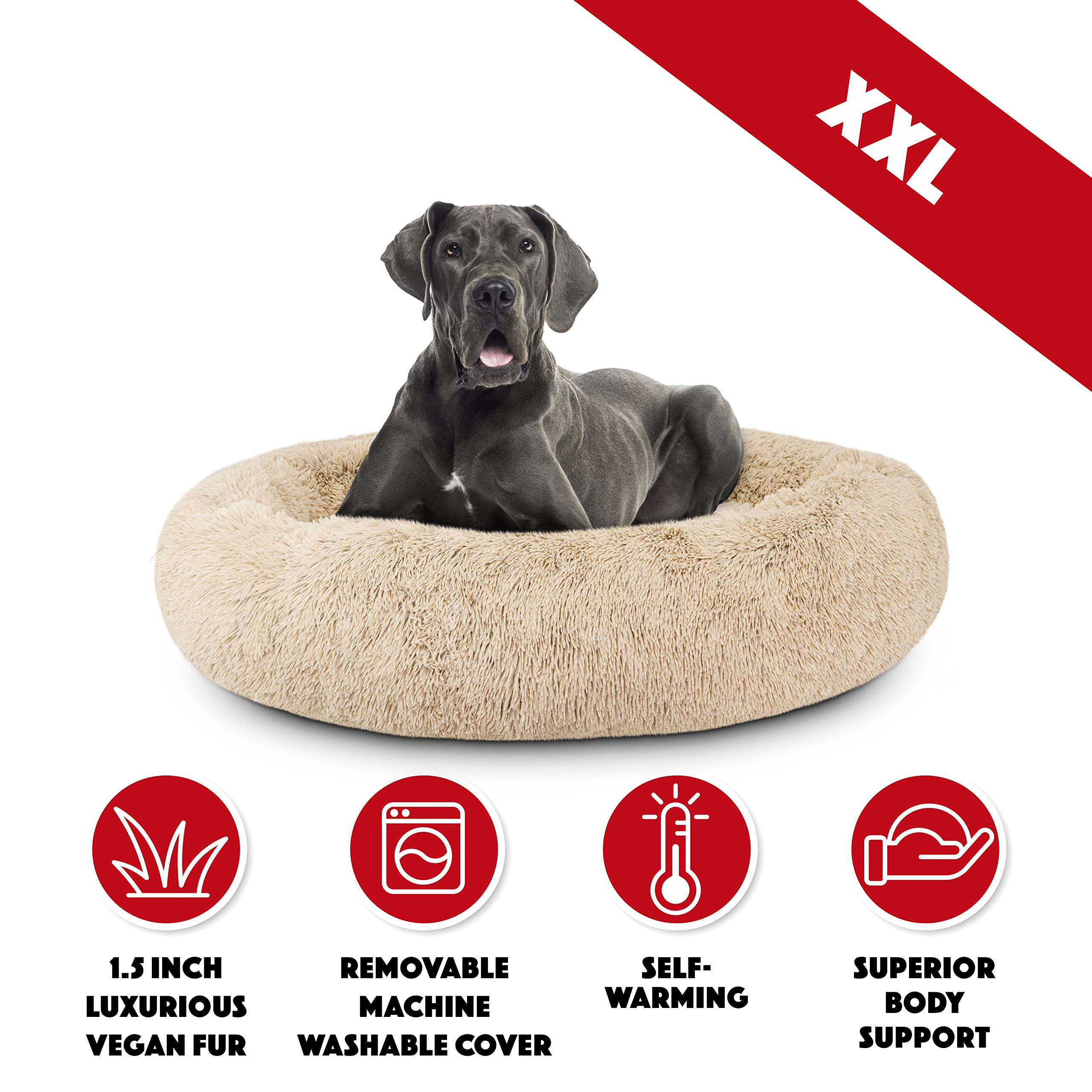 The Dogs Bed Sound Sleep Donut Dog Bed, XXL Dog Beige Fur Calming Nest Bed Removable Cover, Veterinary Approved
