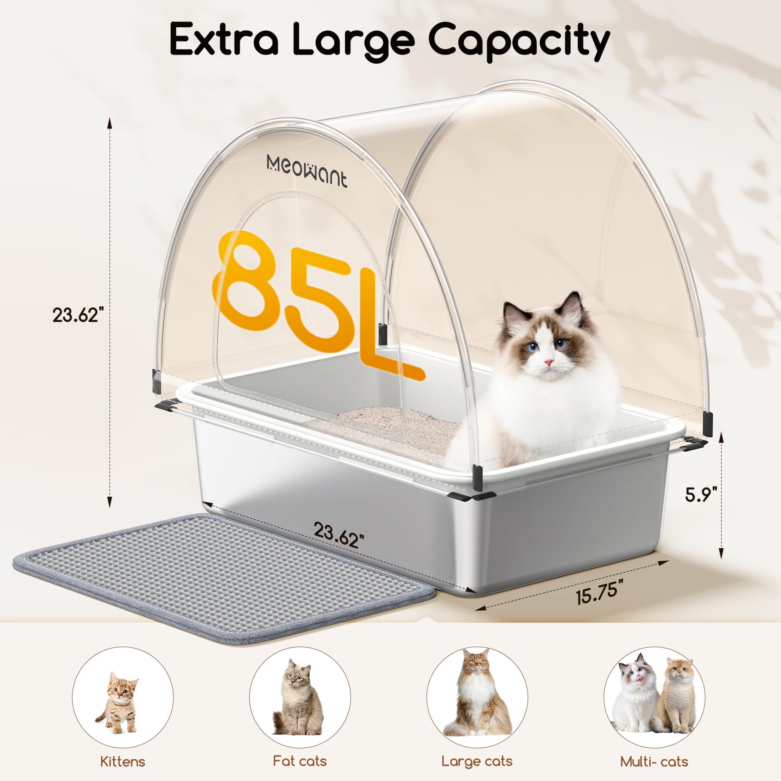 Meowant Stainless Steel Cat Litter Box With Lid, Extra Large Metal Litter Box With Diy Oxford Fabric Cover, Anti-Leakage & Non-S