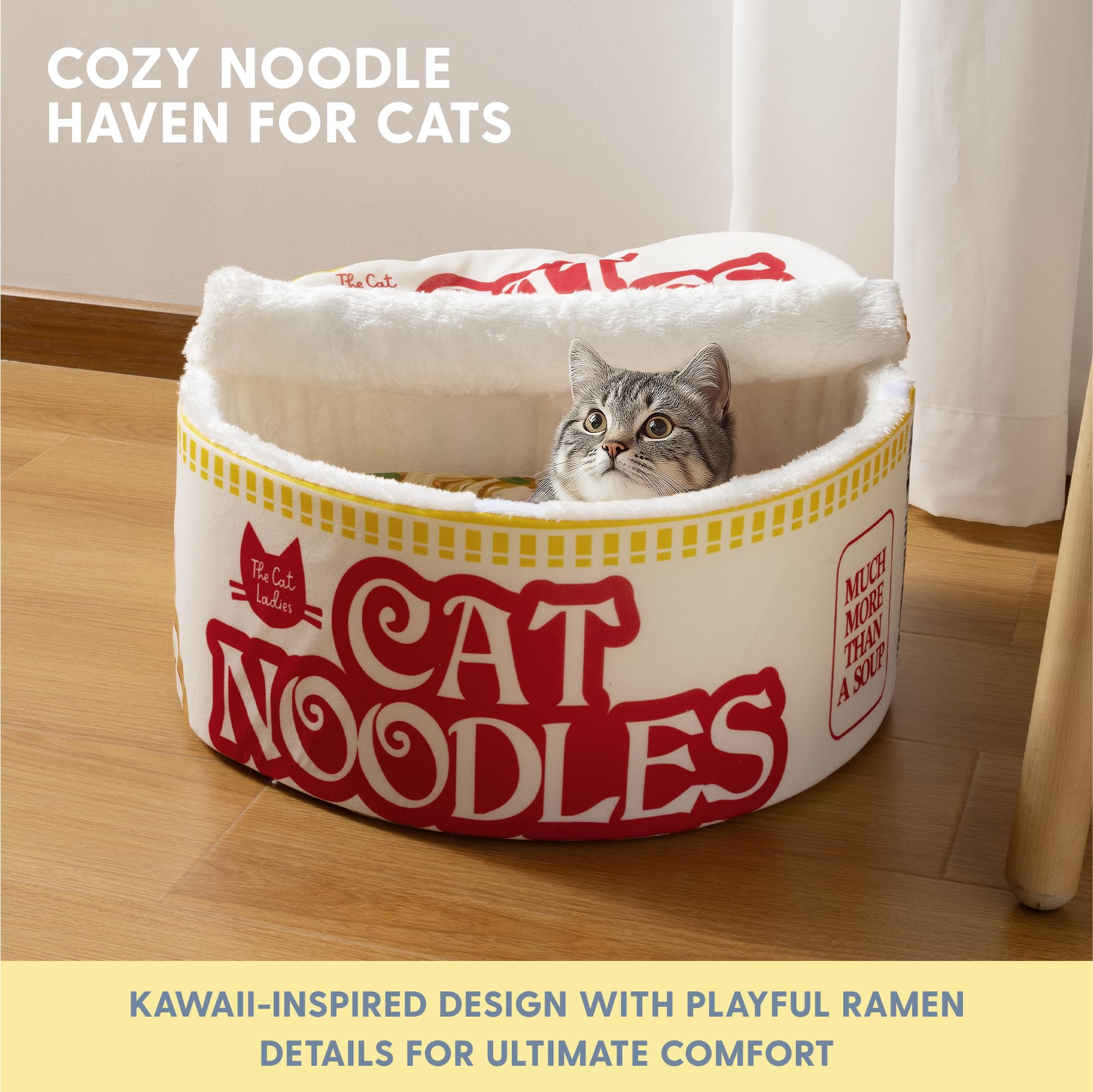 Cat Ladies Ramen Cat Bed - Cozy 5-Piece Soft Nest Set With Blanket Pillows And Teaser Toy - Compact Noodle Bowl-Themed Pet Beds