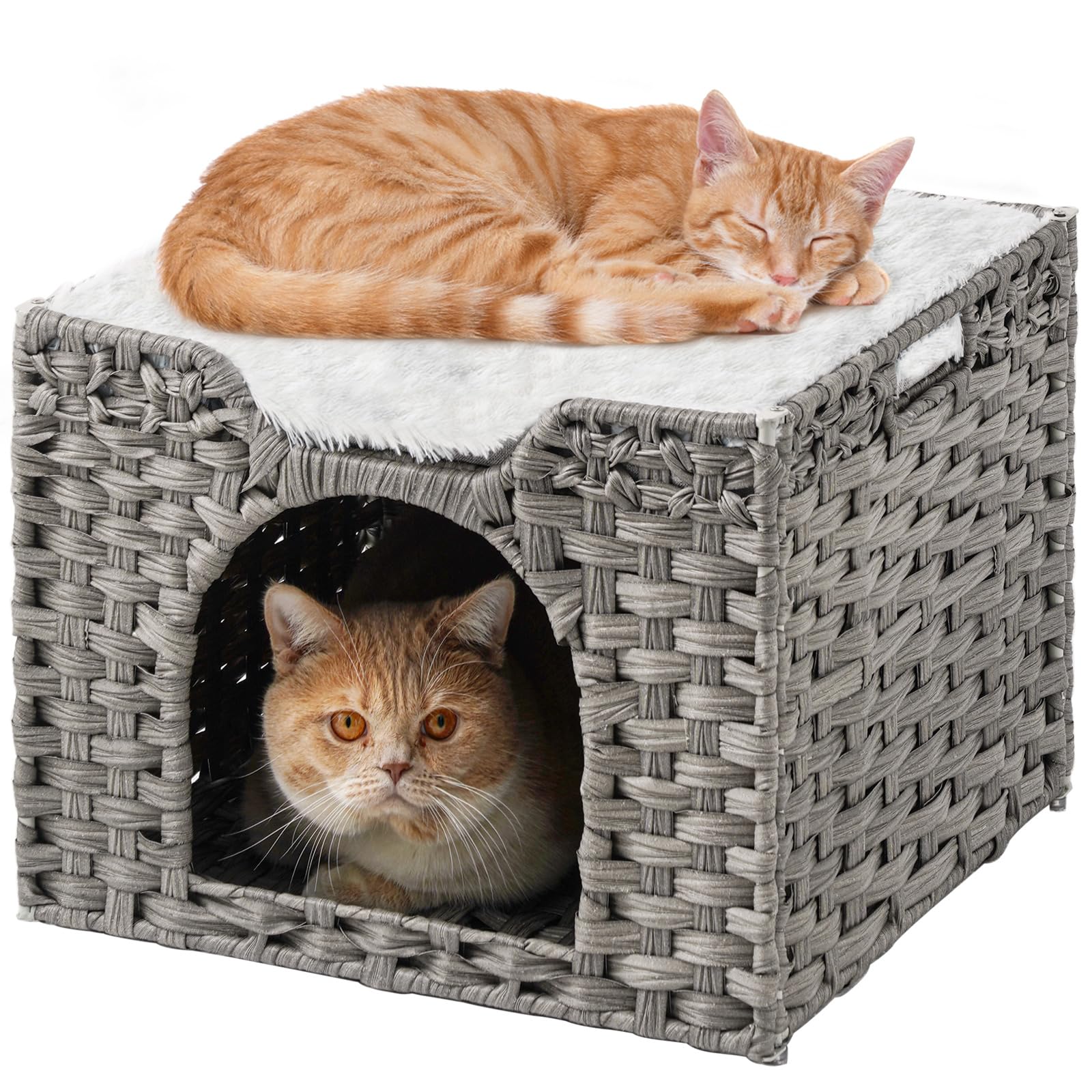 Setvson Cat Beds Indoor Kitten House, Handwoven Rattan Cat Cave Pet Cube, Large Cat Houses, One Bed Mat, Foldable, Hideaway, 16.