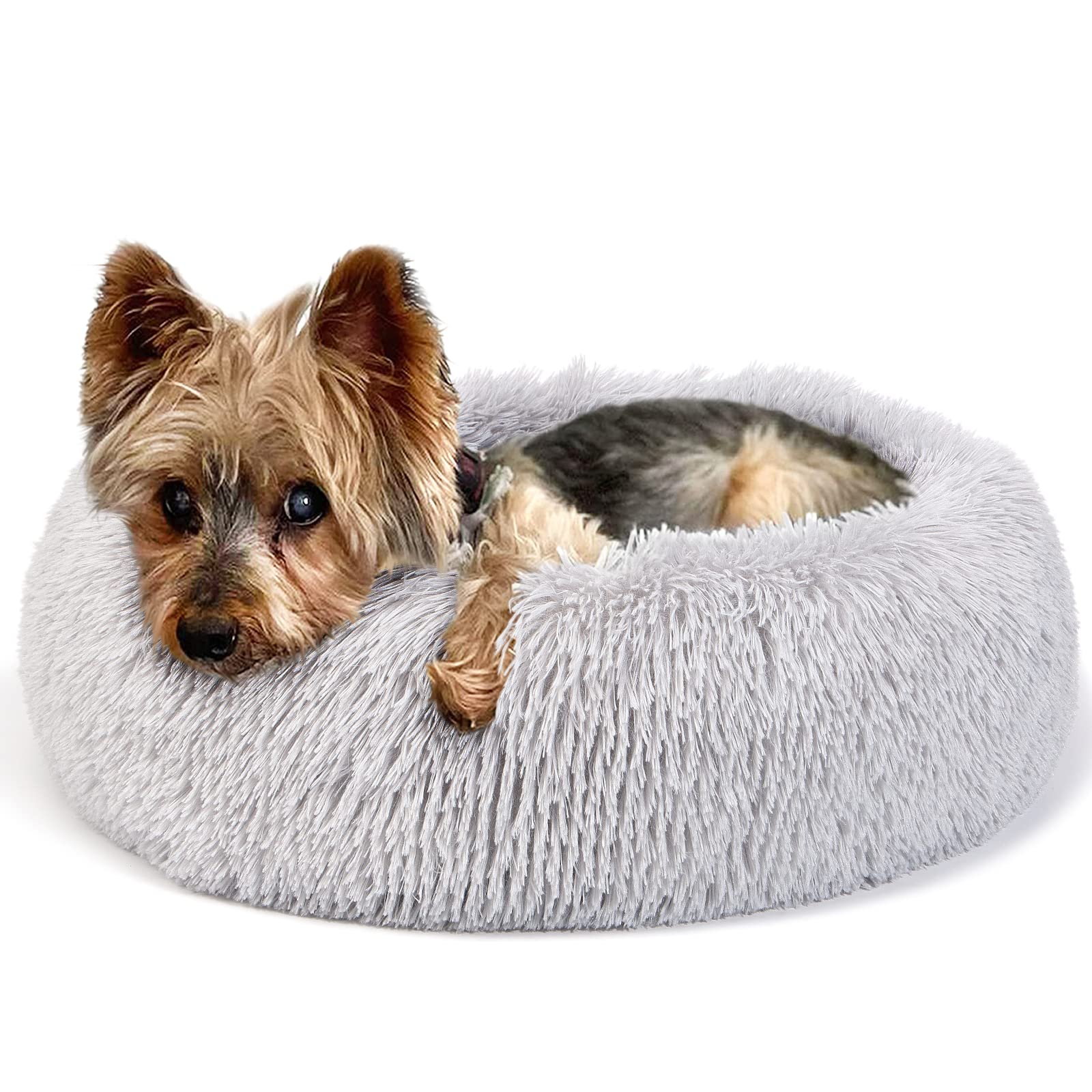 Extra Small Dog Bed Cute Grey Dog Bed Washable 19 inches Donut Fluffy Small Pet Beds,Calming Anti Anxiety Round Fits up to 10 lb