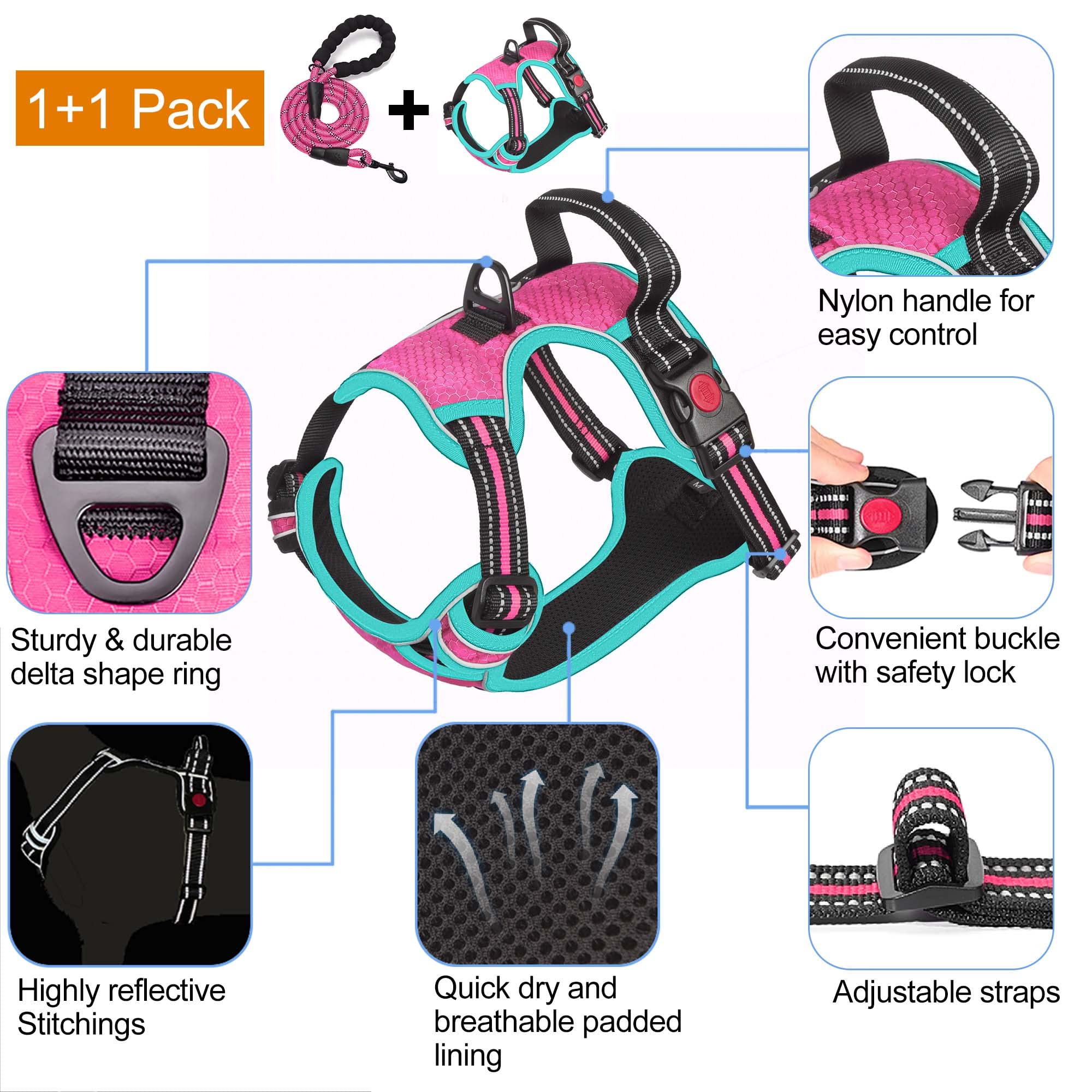 Tobedri No Pull Dog Harness Adjustable Reflective Oxford Easy Control Medium Large Harness With A Free Heavy Duty 5Ft Leash