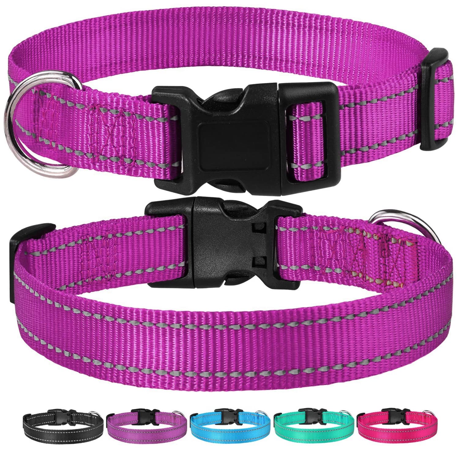 Reflective Dog Collar With Buckle Adjustable Safety Nylon Collars For Small Medium Large Dogs, Purple L