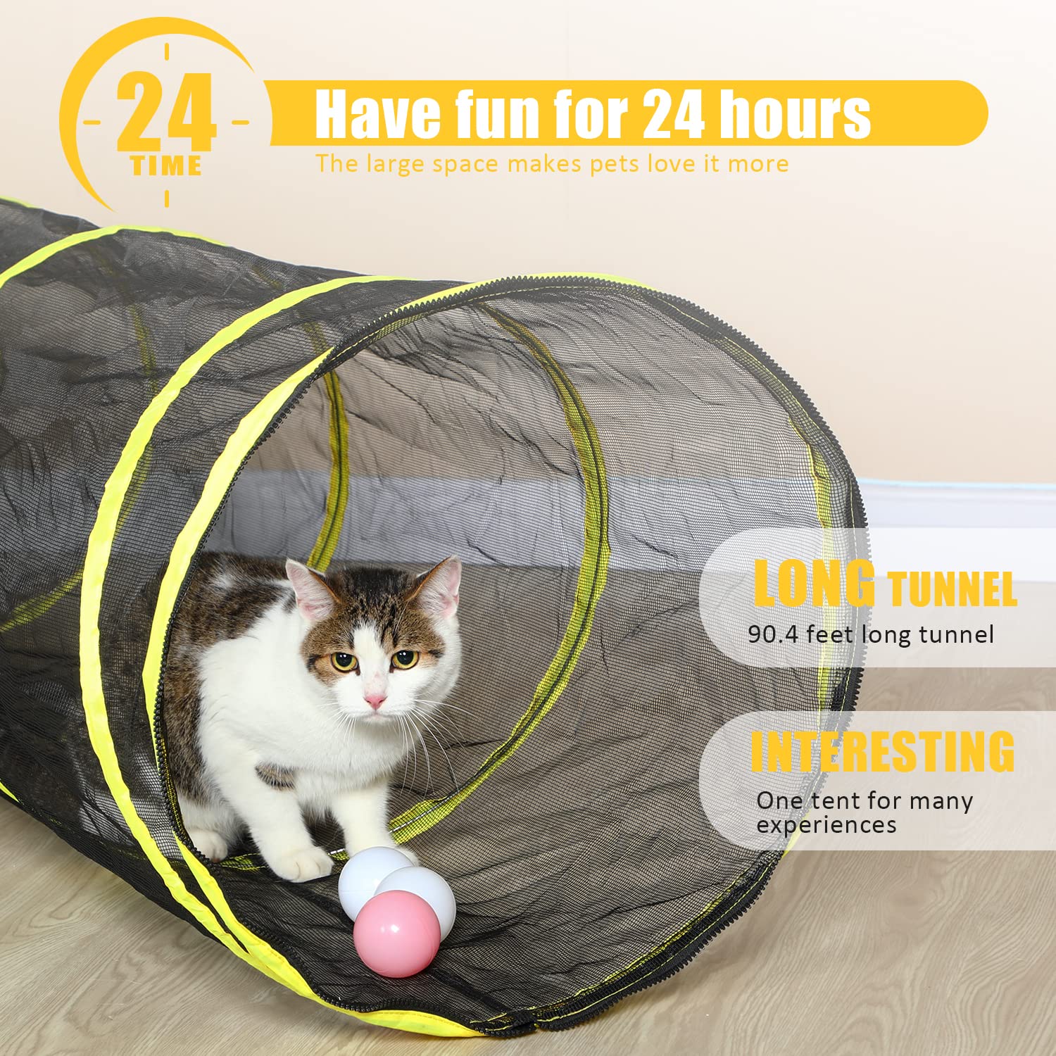 Outdoor Cat Enclosure & Tunnel - Portable Mesh Tent, Cat Playhouse With Adjustable Harness & Leash, Colorful Tease Ball