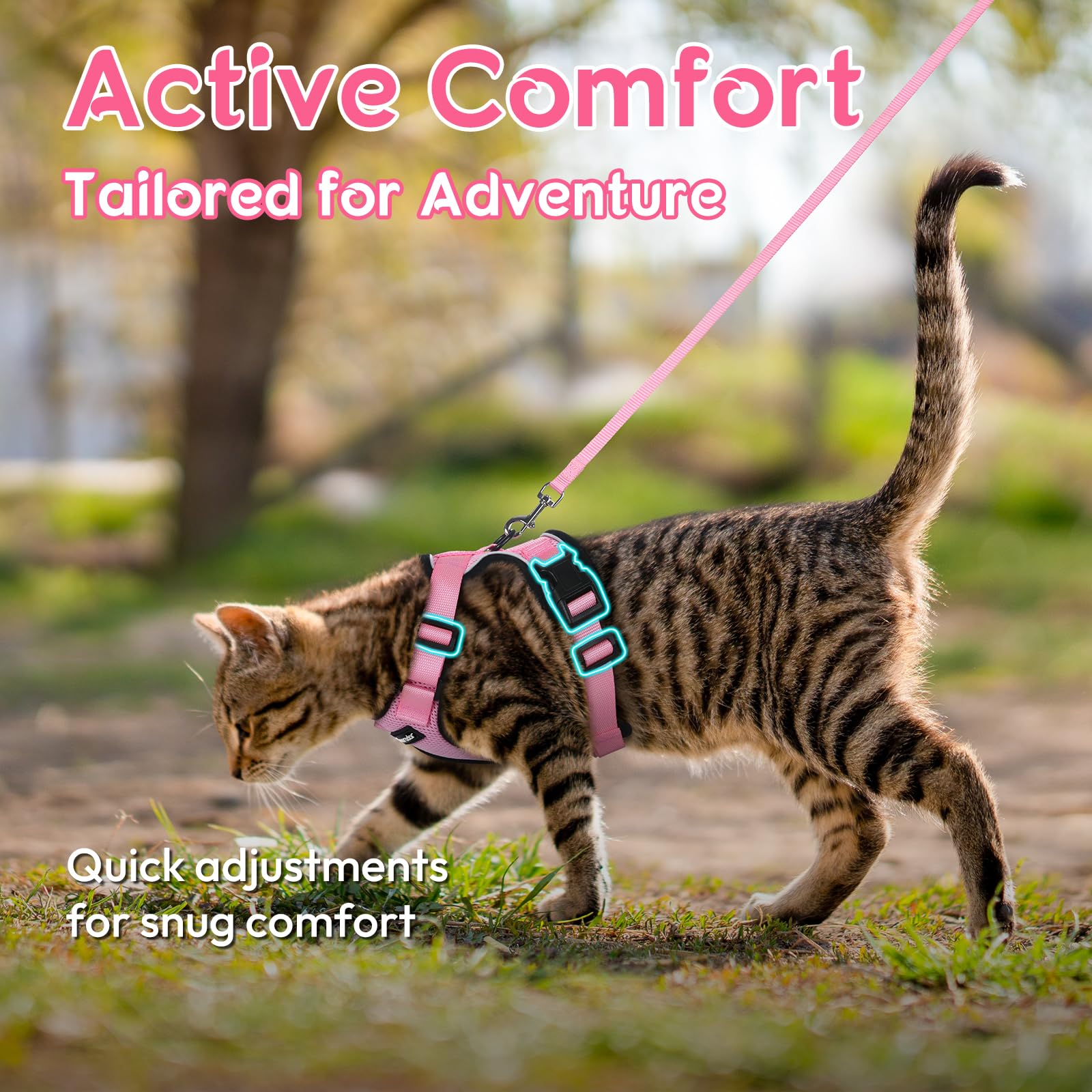 Dooradar Cat Harness and Leash Set, Adjustable Pink XS Vest, Soft Mesh, Escape Proof, Reflective Strips, Model YXMJTZ02XSPK20CW