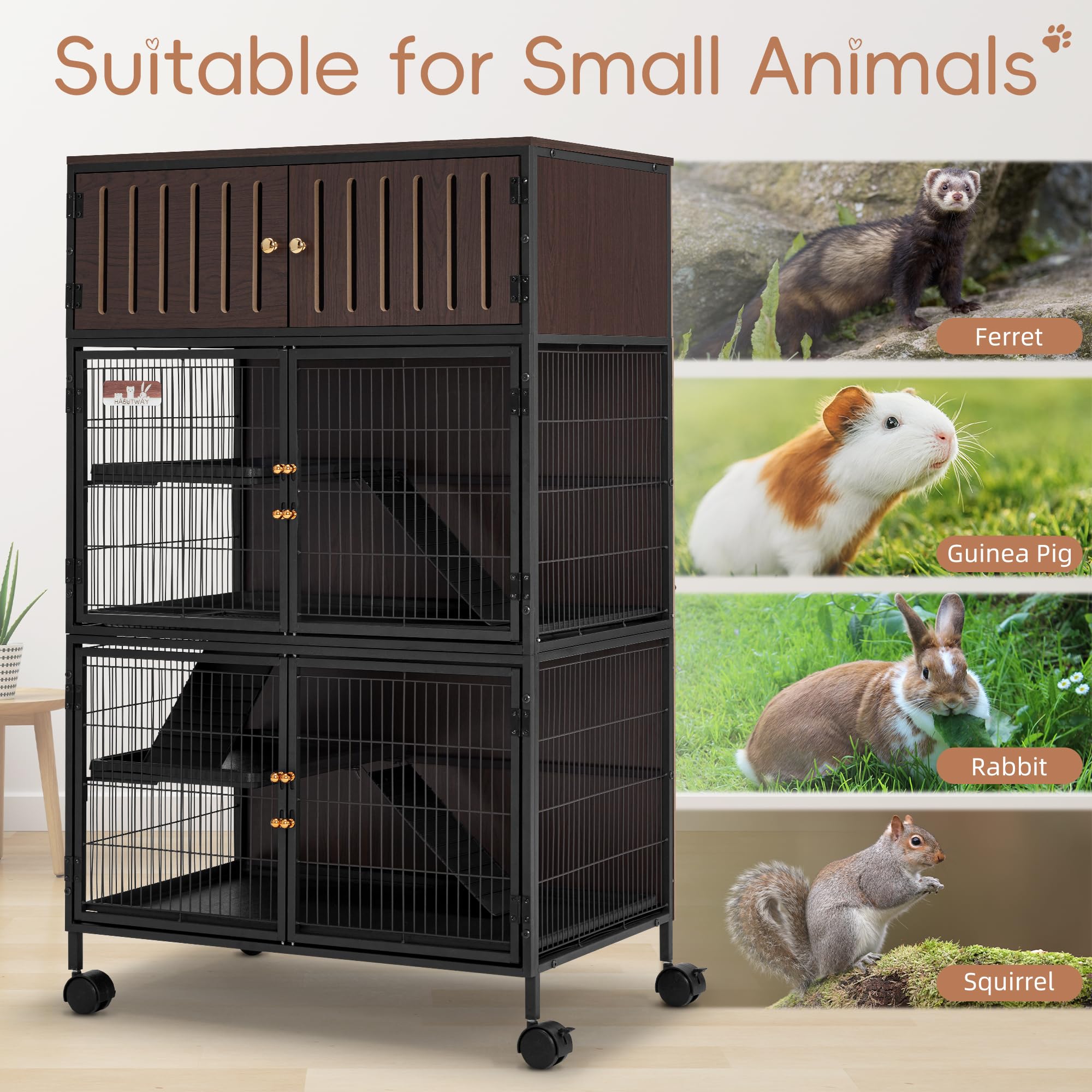 Habutway 50''H Metal Large Ferret Cage, Rolling Chinchilla Cage With Removable Ramps& Double Door, Critter Nation With Locker, R