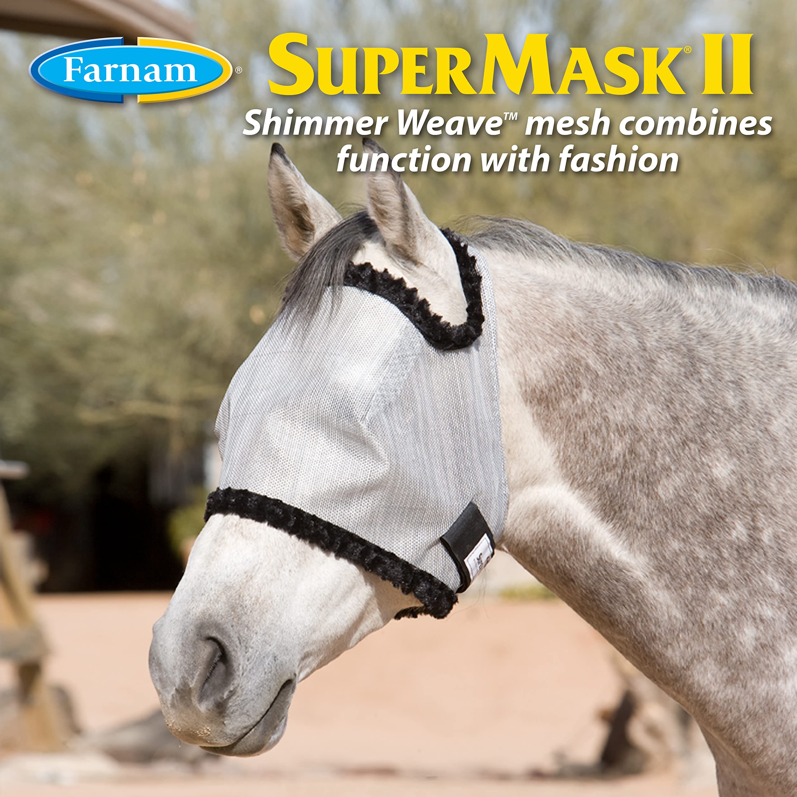 Farnam SuperMask II Horse Fly Mask, Silver/Black, Soft Mesh, Eye Protection, Model 100503737, Without Ears, Horse Size